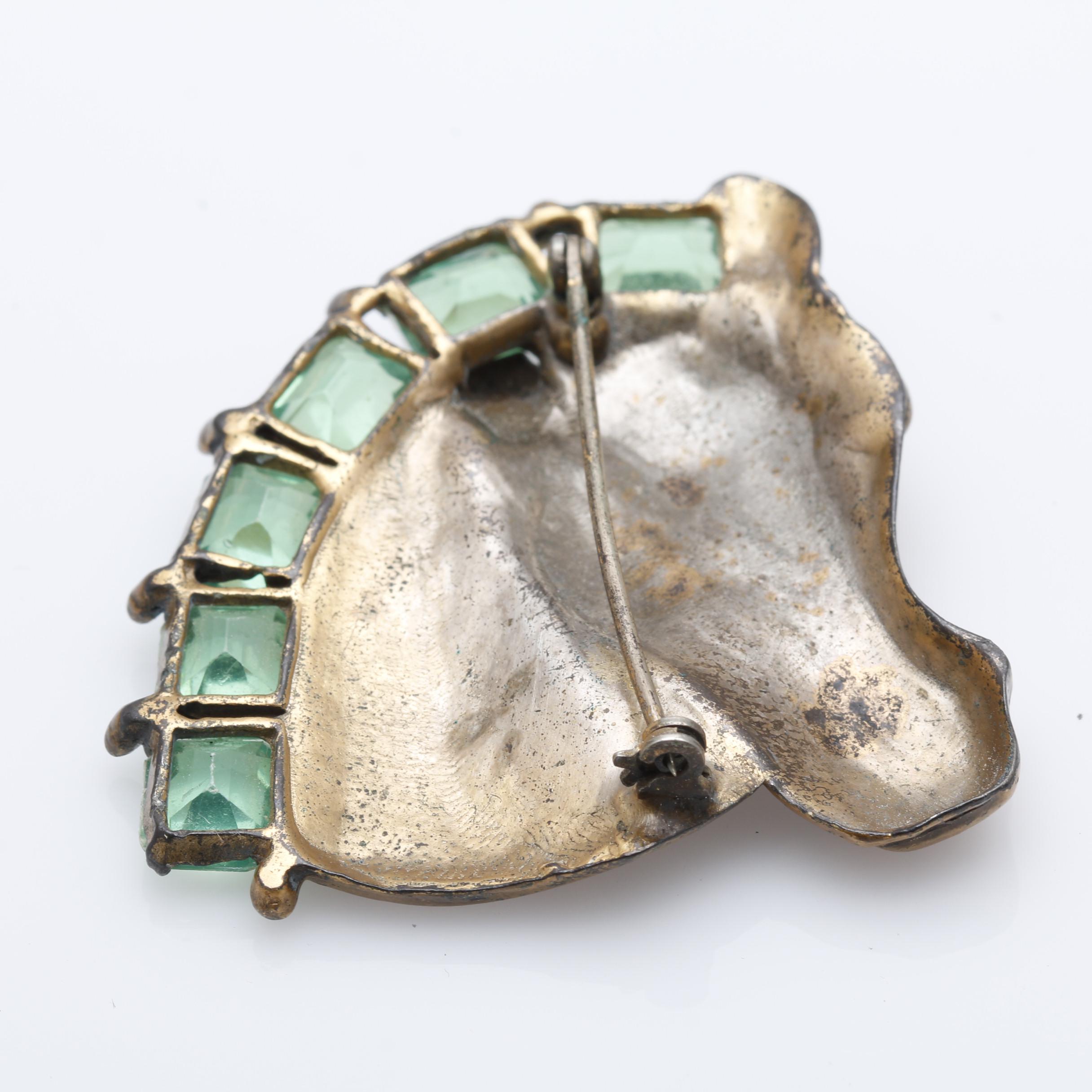 1940s Equestrian Horse Head Brooch with Green Emerald Cut Rhinestone Mane