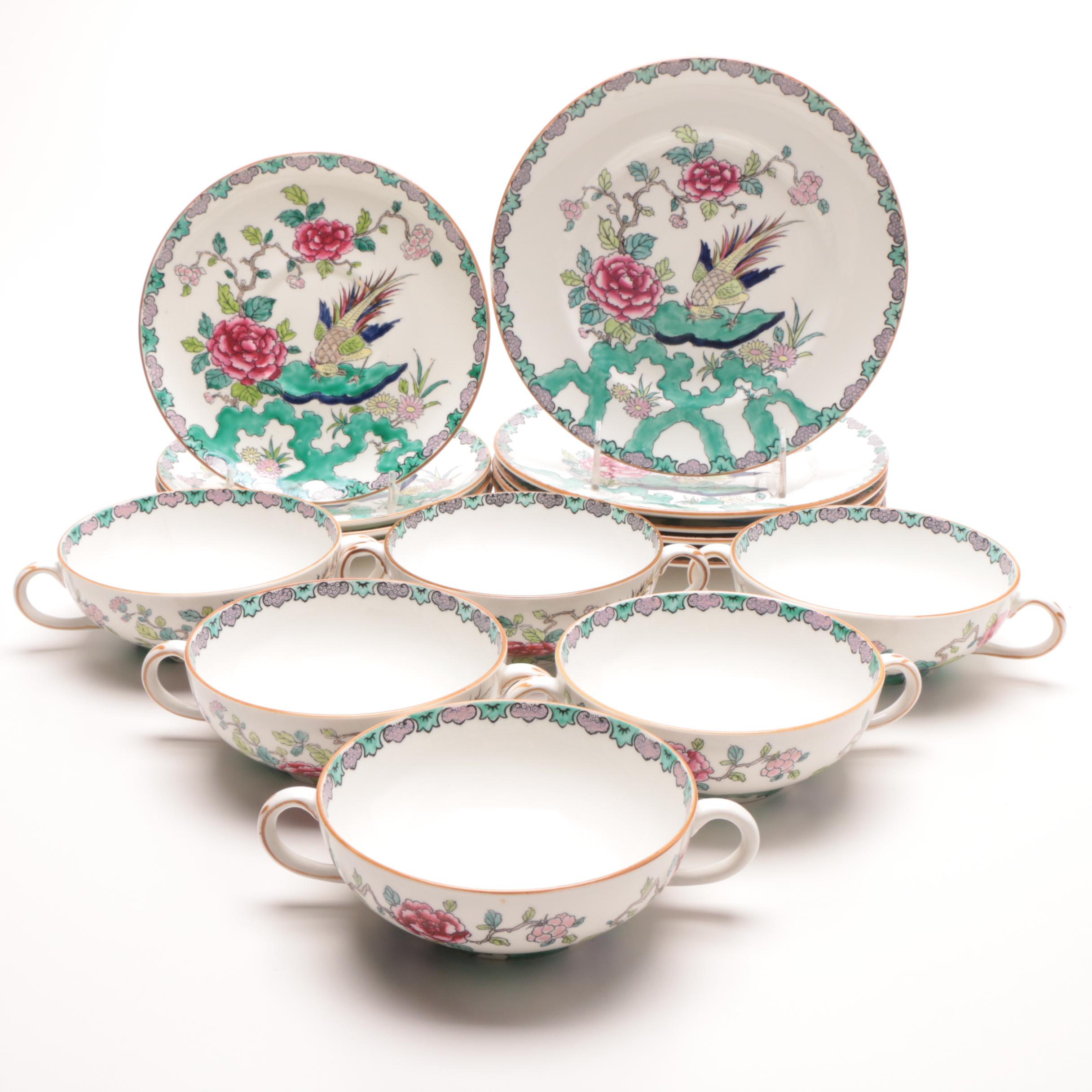 Staffordshire "Rock Bird" Bone China Cream Soup Bowls  and Plates
