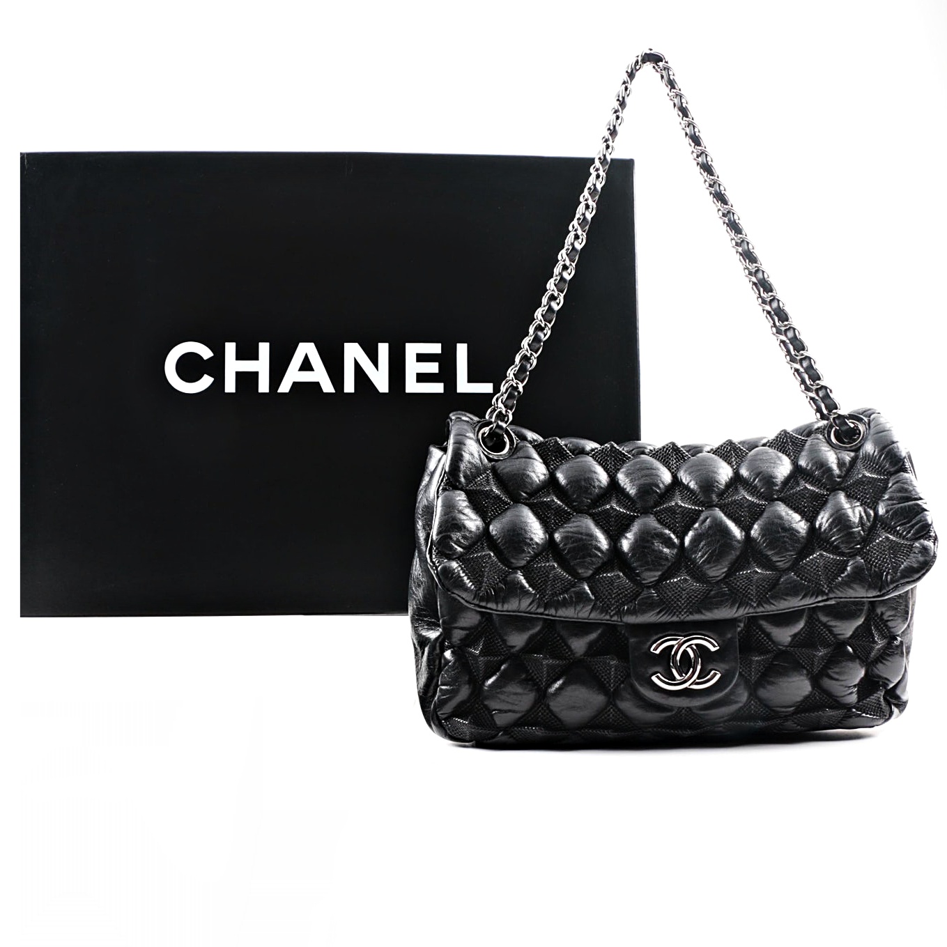 Circa 2008 Chanel Puffy Quilted Black Lambskin Flap Handbag