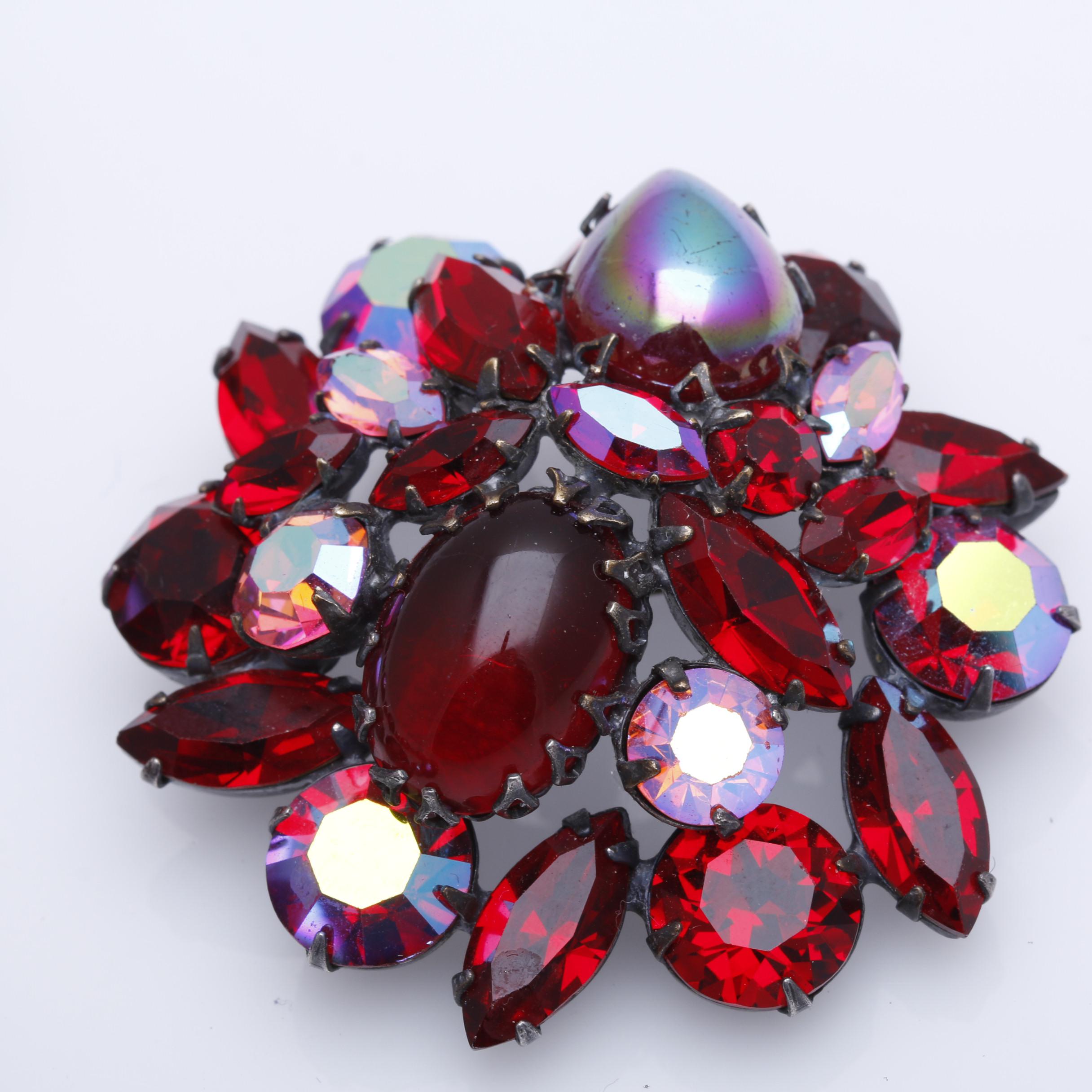 1950s Regency Red Iridescent Rhinestone Brooch and Necklace Set