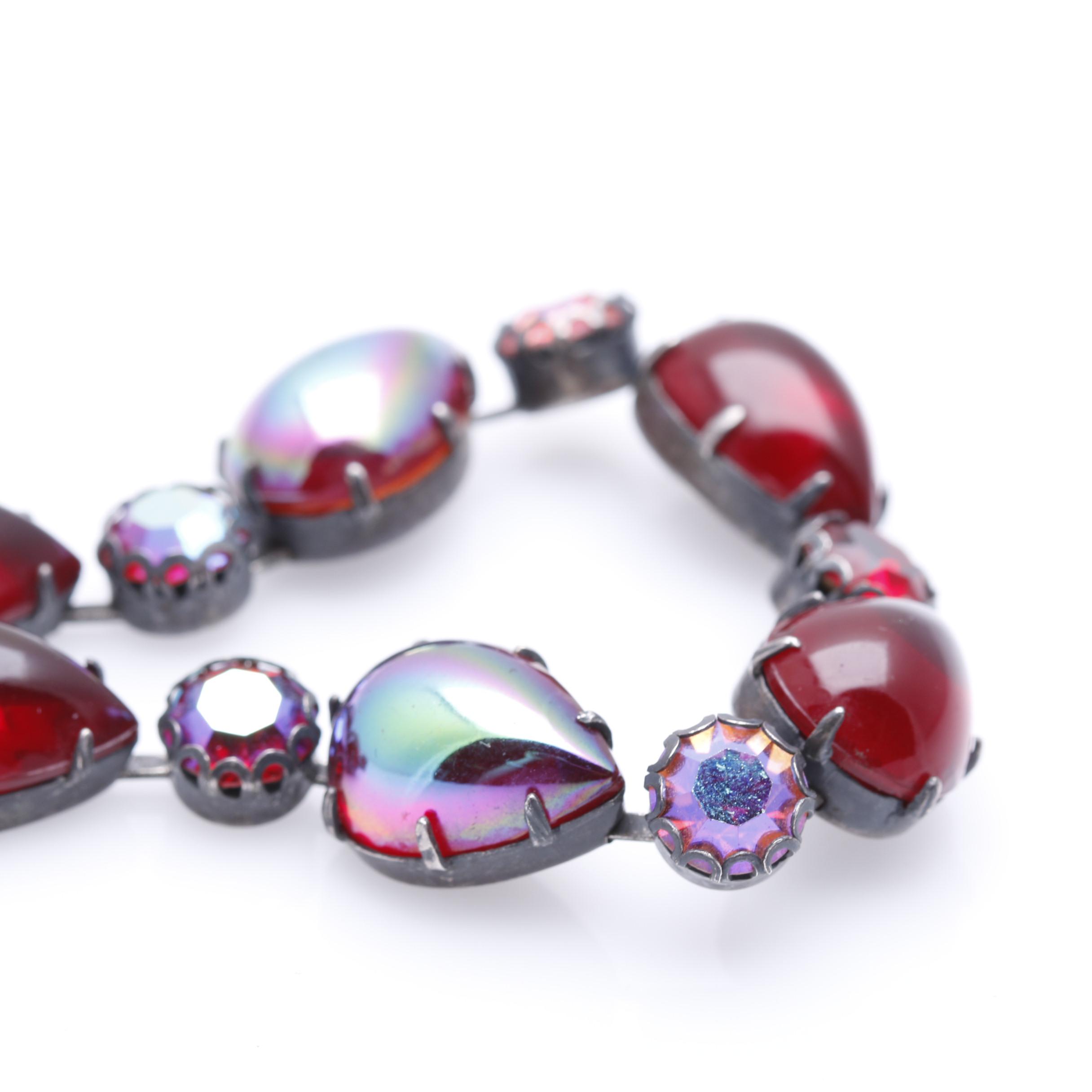 1950s Regency Red Iridescent Rhinestone Brooch and Necklace Set