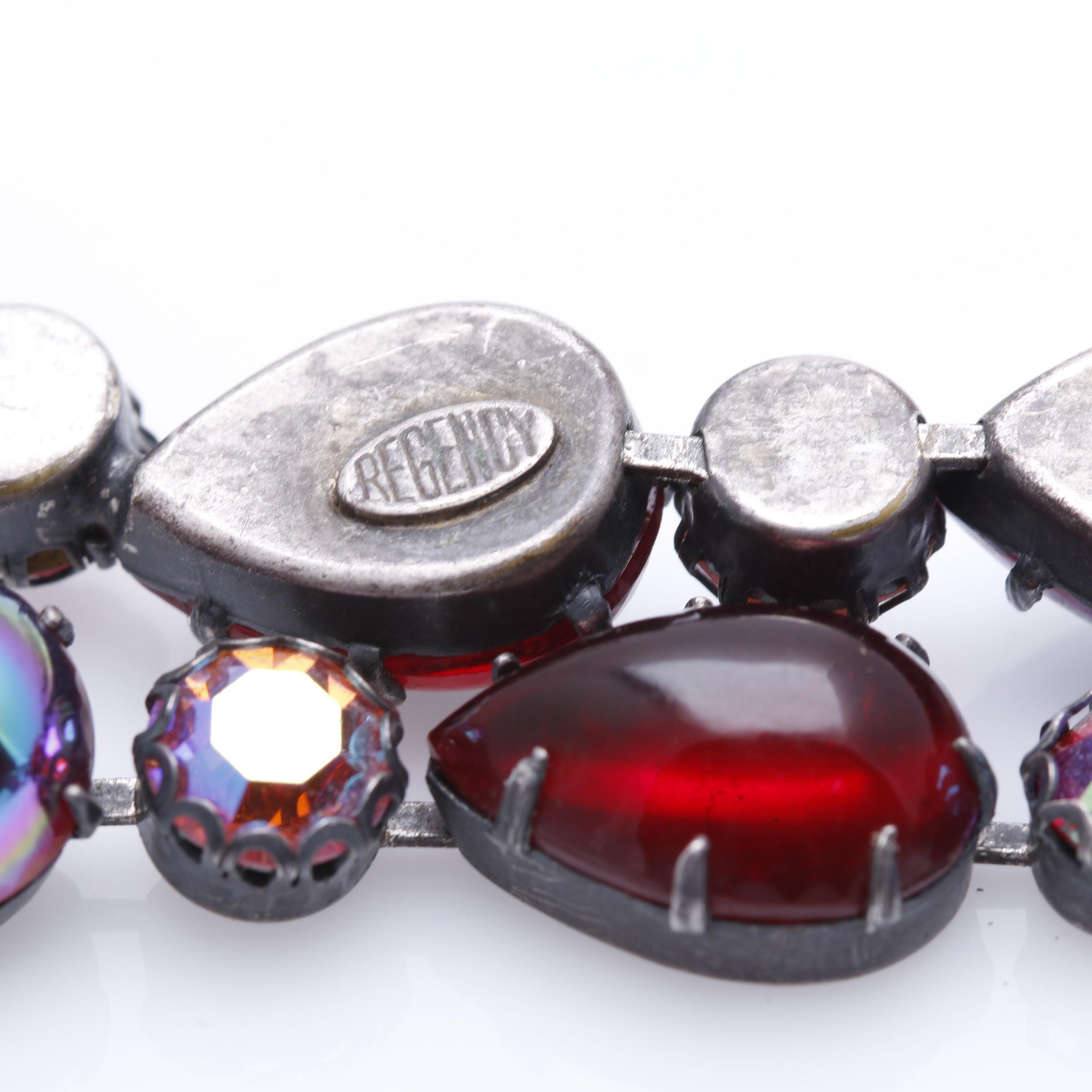 1950s Regency Red Iridescent Rhinestone Brooch and Necklace Set