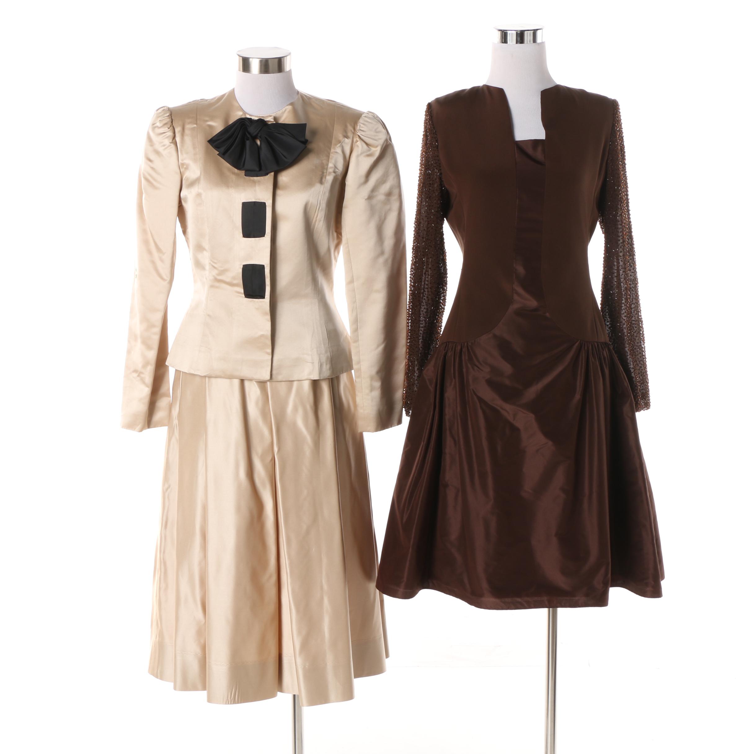 1980s Albert Nipon Cream Silk Skirt Suit and Richilene Brown Cocktail Dress