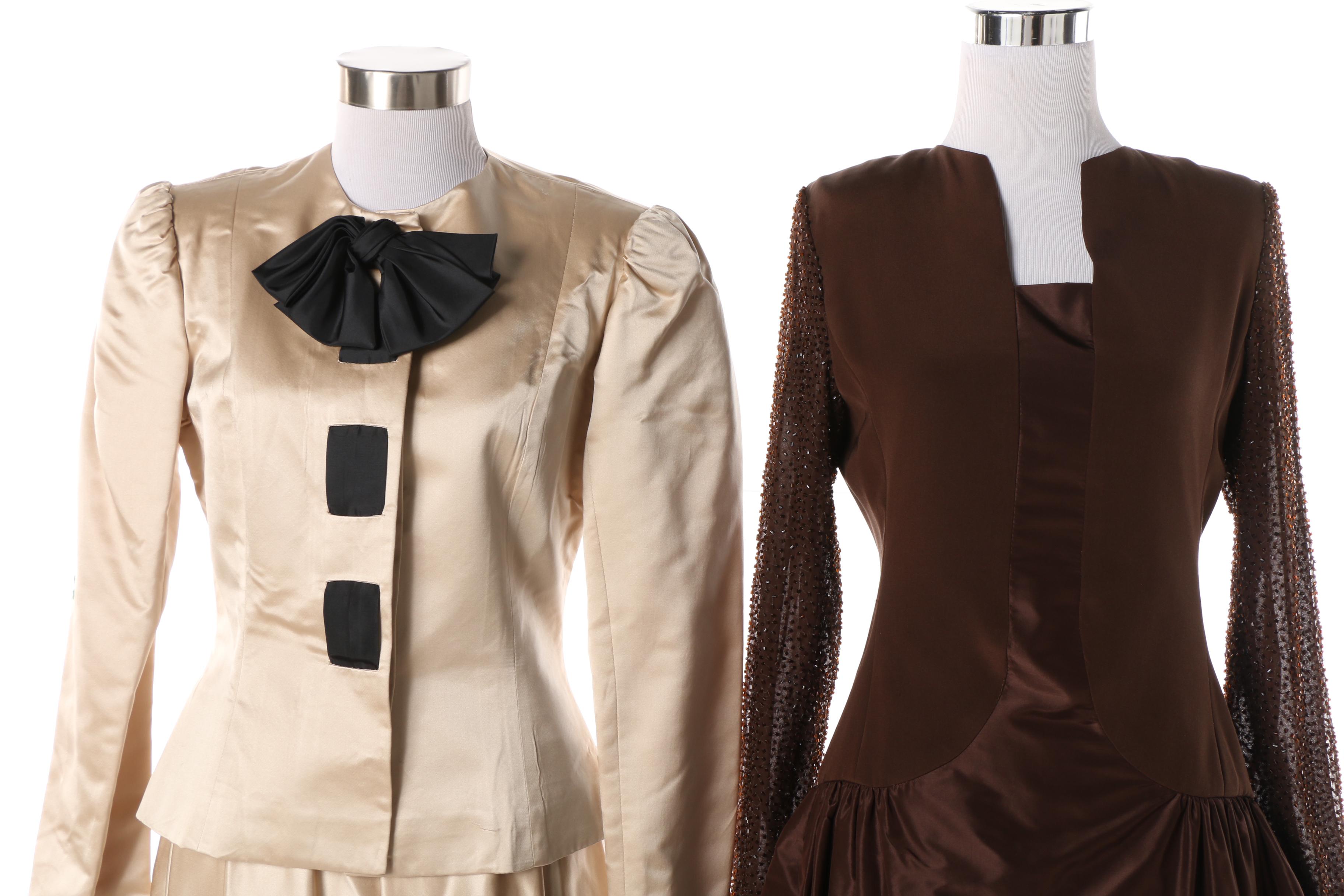 1980s Albert Nipon Cream Silk Skirt Suit and Richilene Brown Cocktail Dress