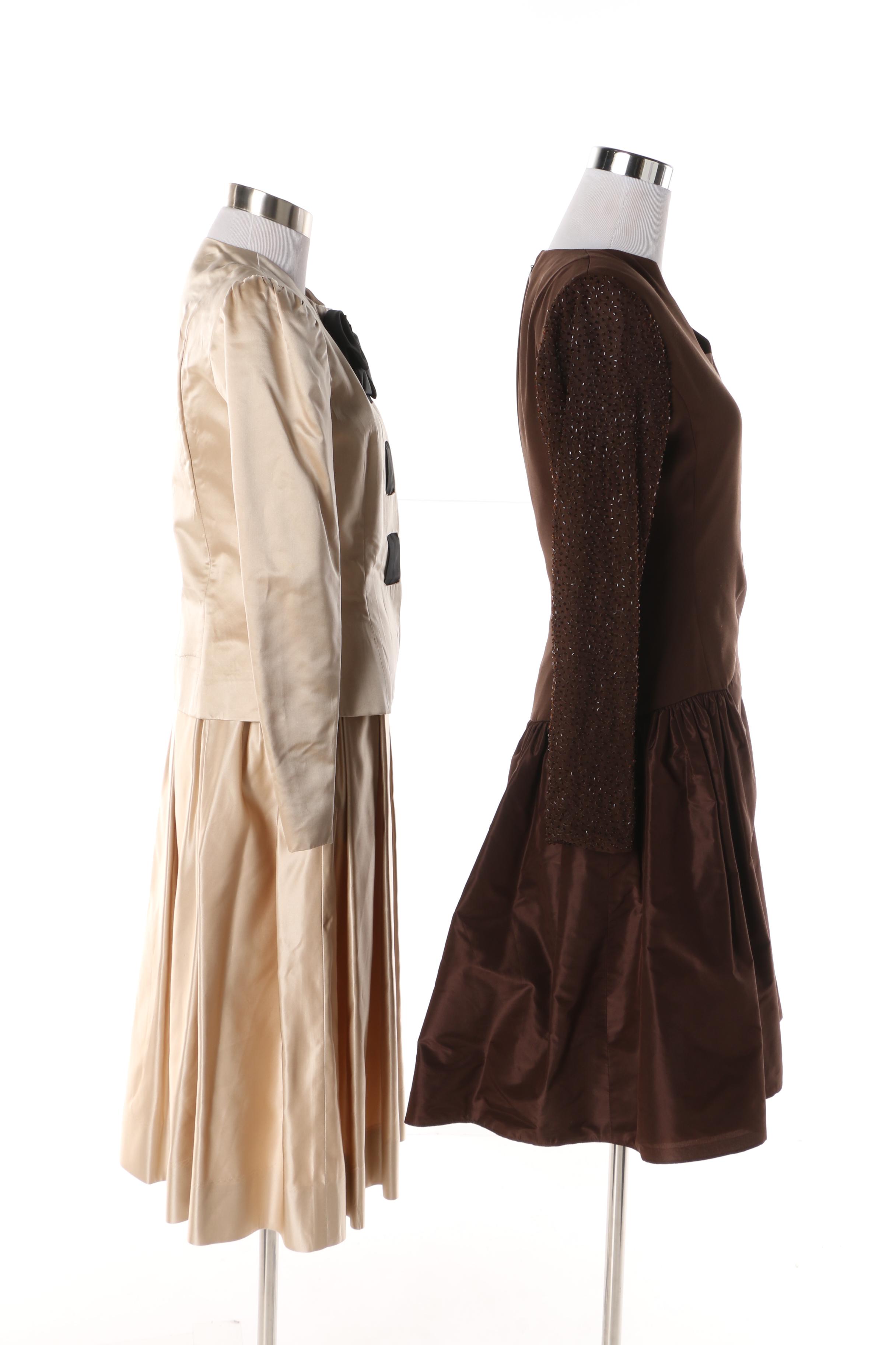 1980s Albert Nipon Cream Silk Skirt Suit and Richilene Brown Cocktail Dress