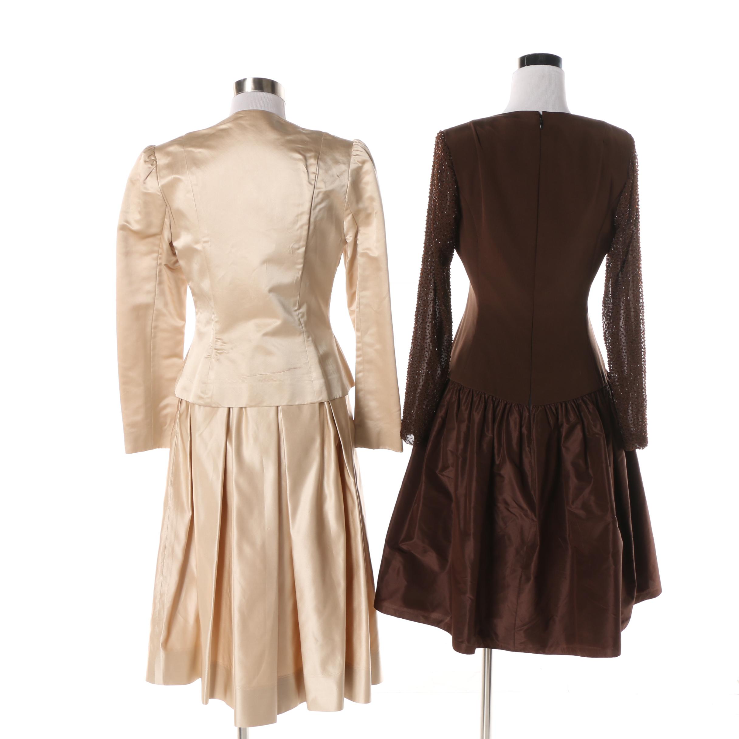 1980s Albert Nipon Cream Silk Skirt Suit and Richilene Brown Cocktail Dress