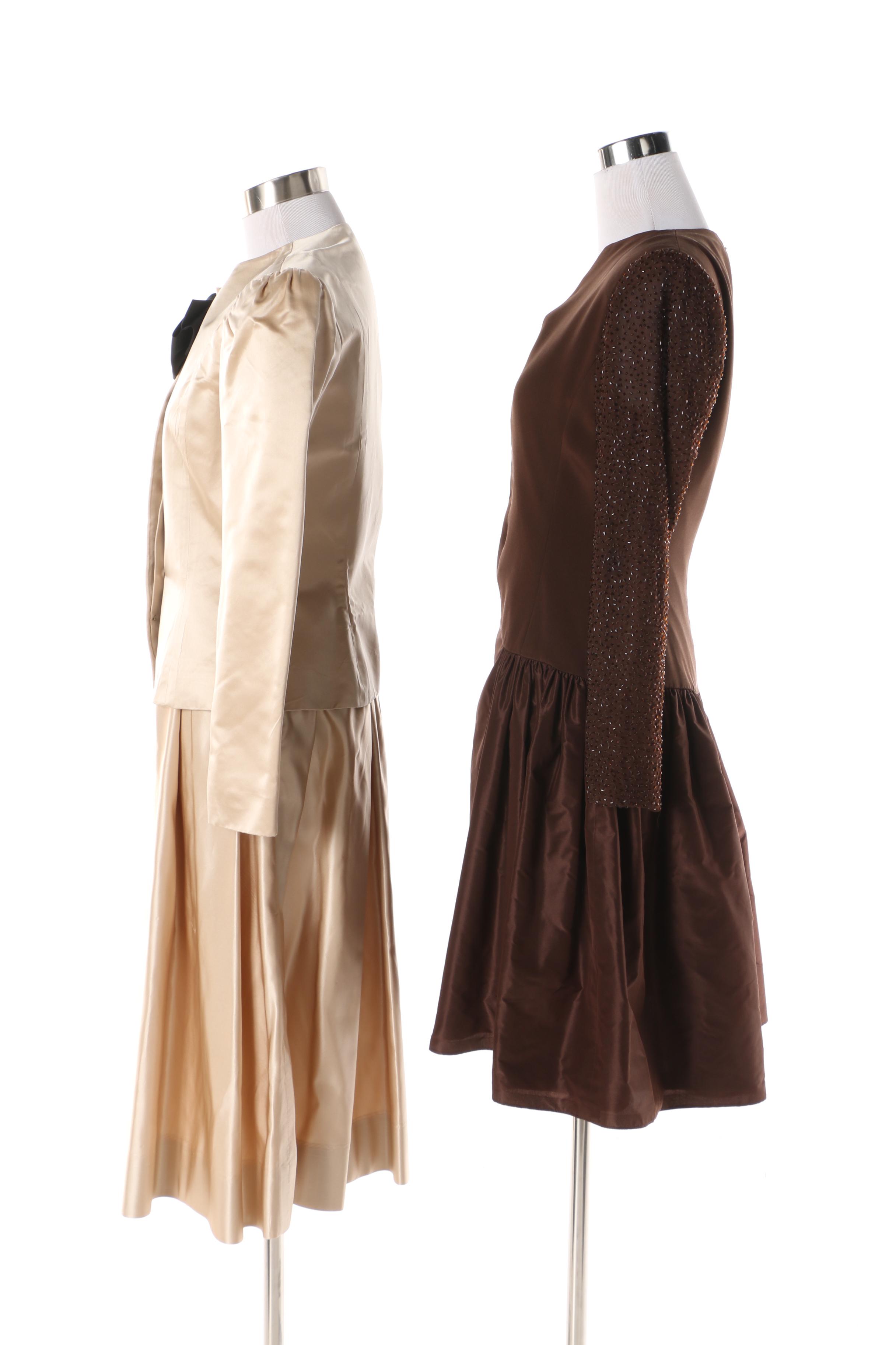 1980s Albert Nipon Cream Silk Skirt Suit and Richilene Brown Cocktail Dress