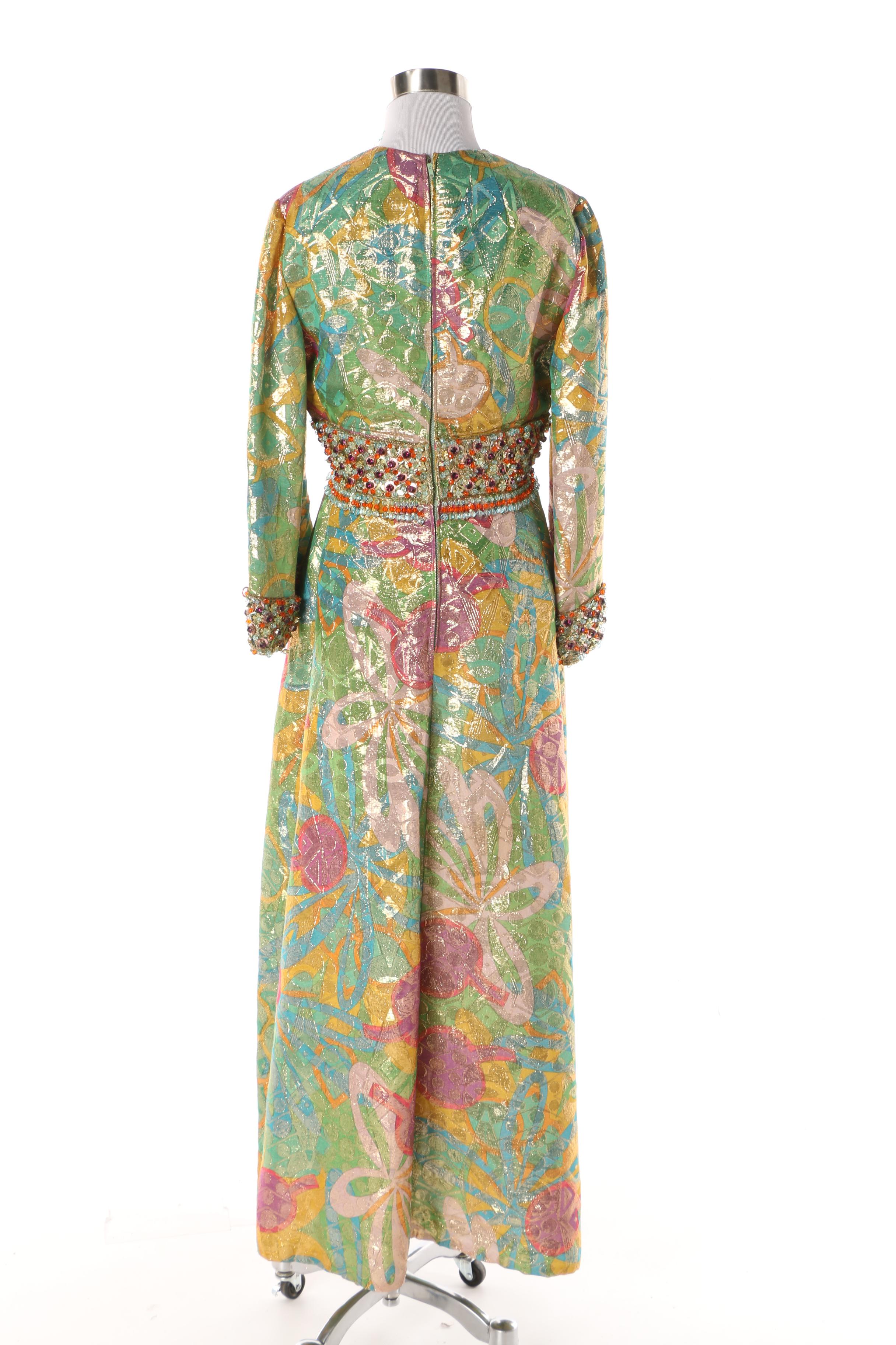 1960s Vintage Malcolm Starr Green and Gold Lamé Embellished Evening Gown