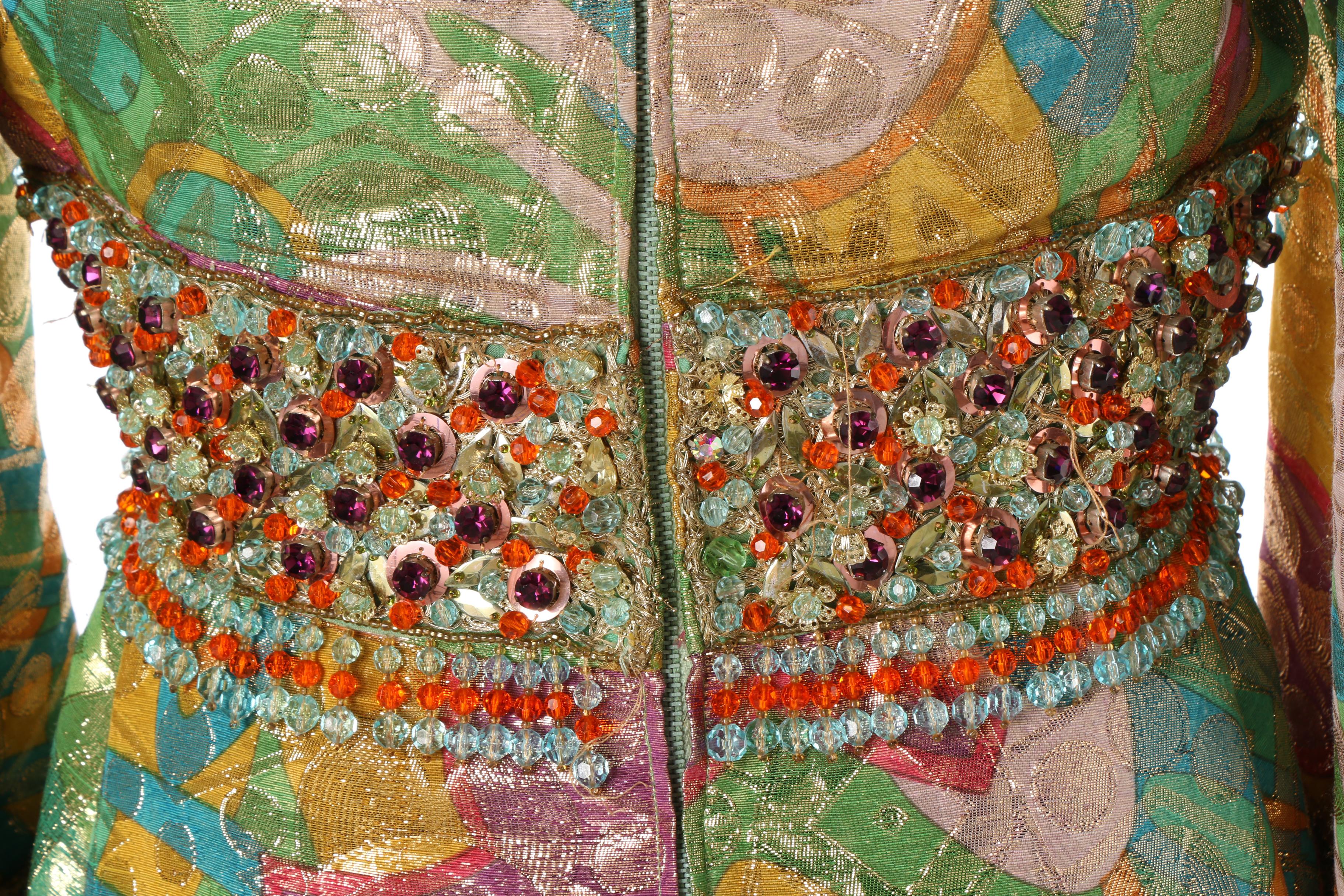 1960s Vintage Malcolm Starr Green and Gold Lamé Embellished Evening Gown