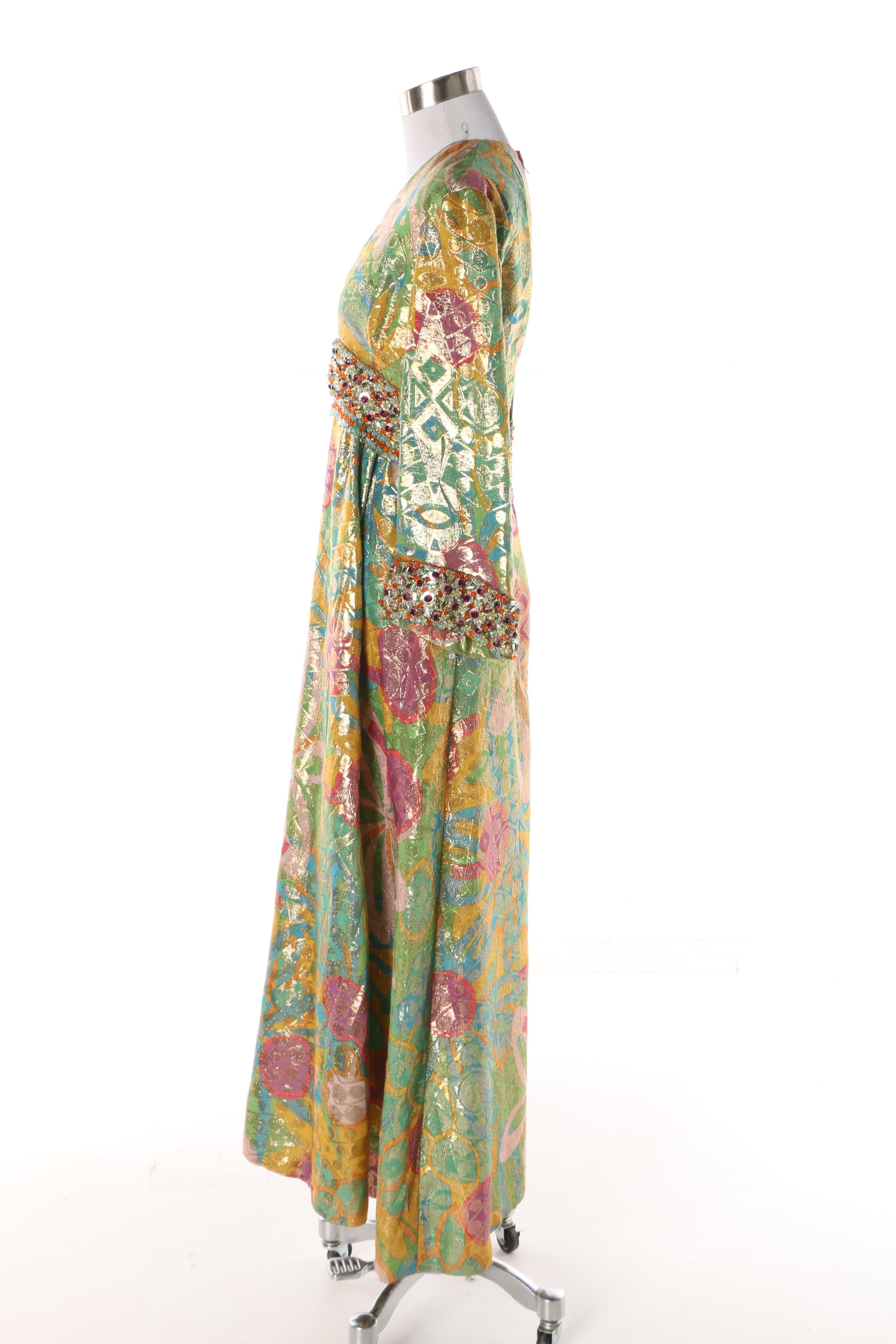 1960s Vintage Malcolm Starr Green and Gold Lamé Embellished Evening Gown