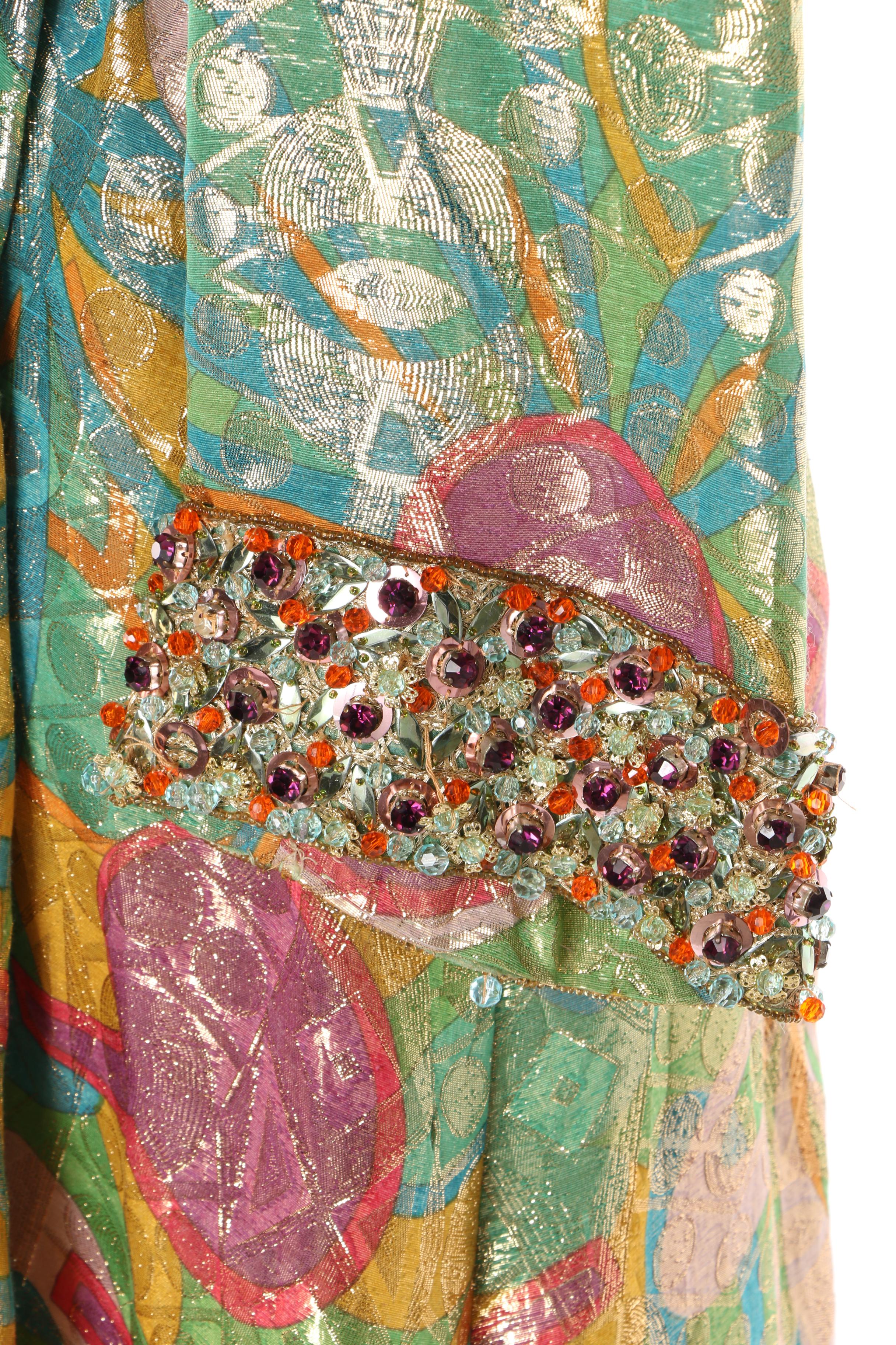 1960s Vintage Malcolm Starr Green and Gold Lamé Embellished Evening Gown