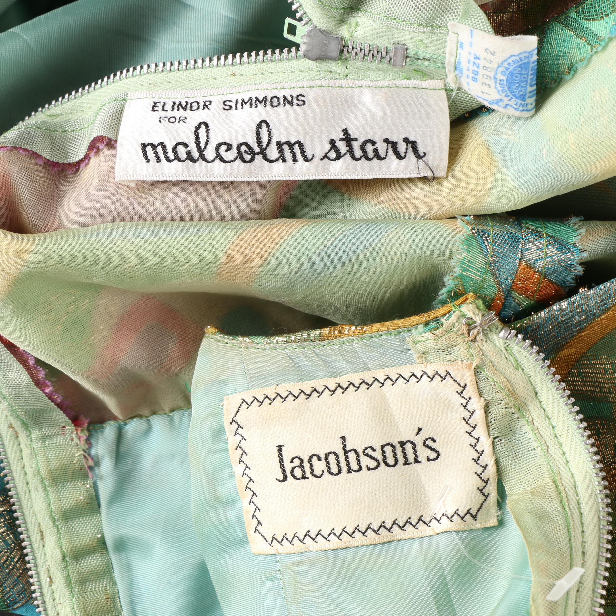 1960s Vintage Malcolm Starr Green and Gold Lamé Embellished Evening Gown