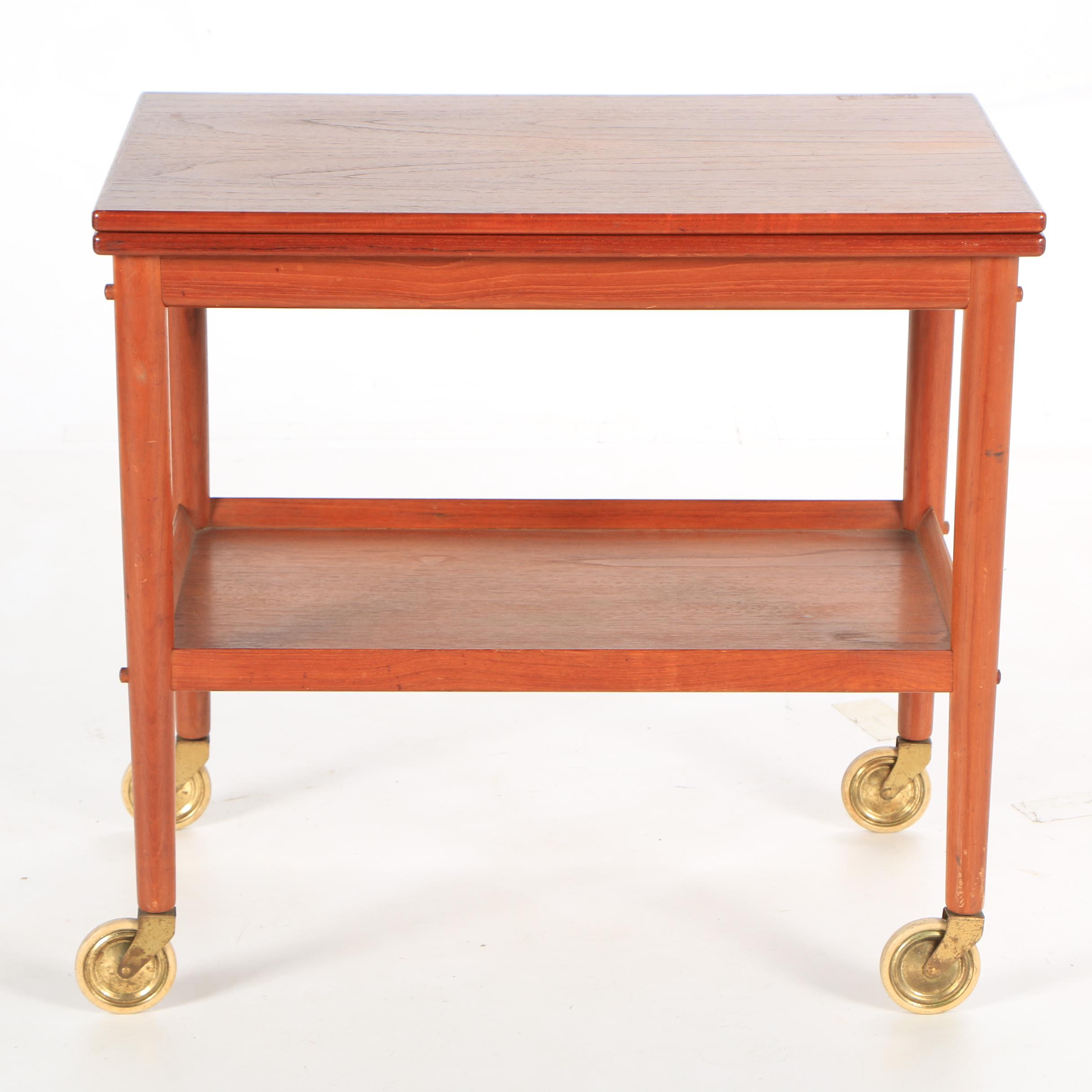 Danish Modern Style Teak Bar Cart with Rotating Fold Open Top