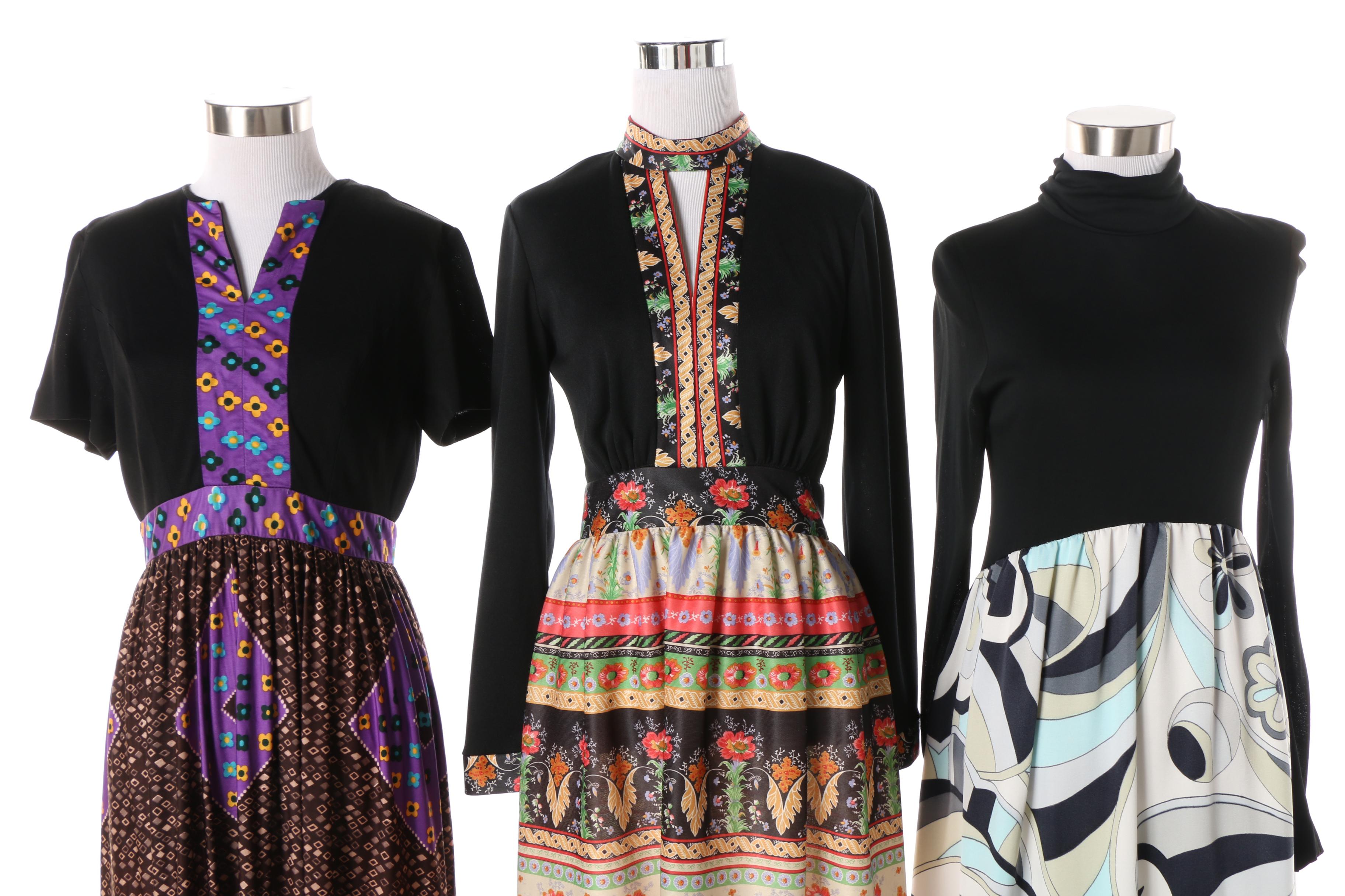 Women's 1970s Vintage Floral and Geometric Print Knit Maxi Dresses