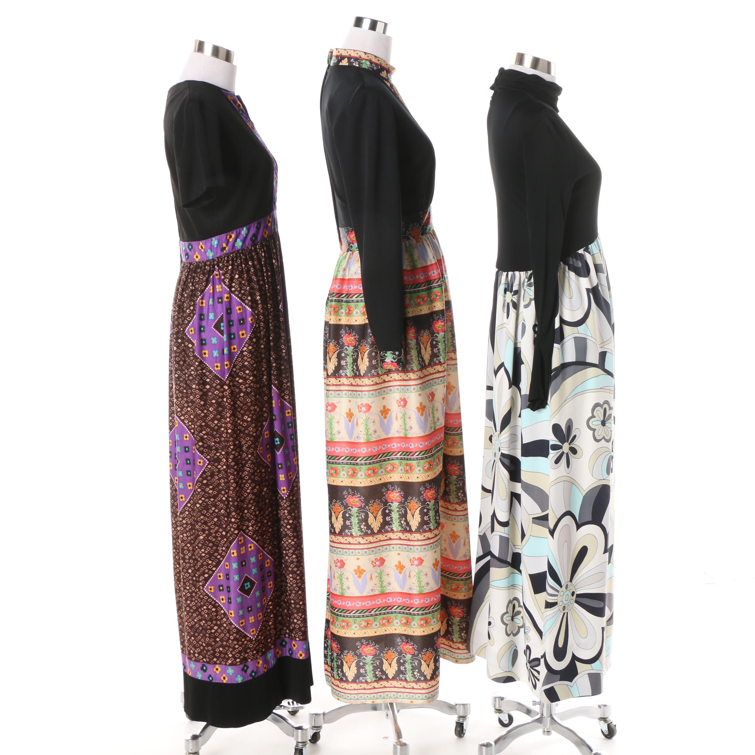 Women's 1970s Vintage Floral and Geometric Print Knit Maxi Dresses