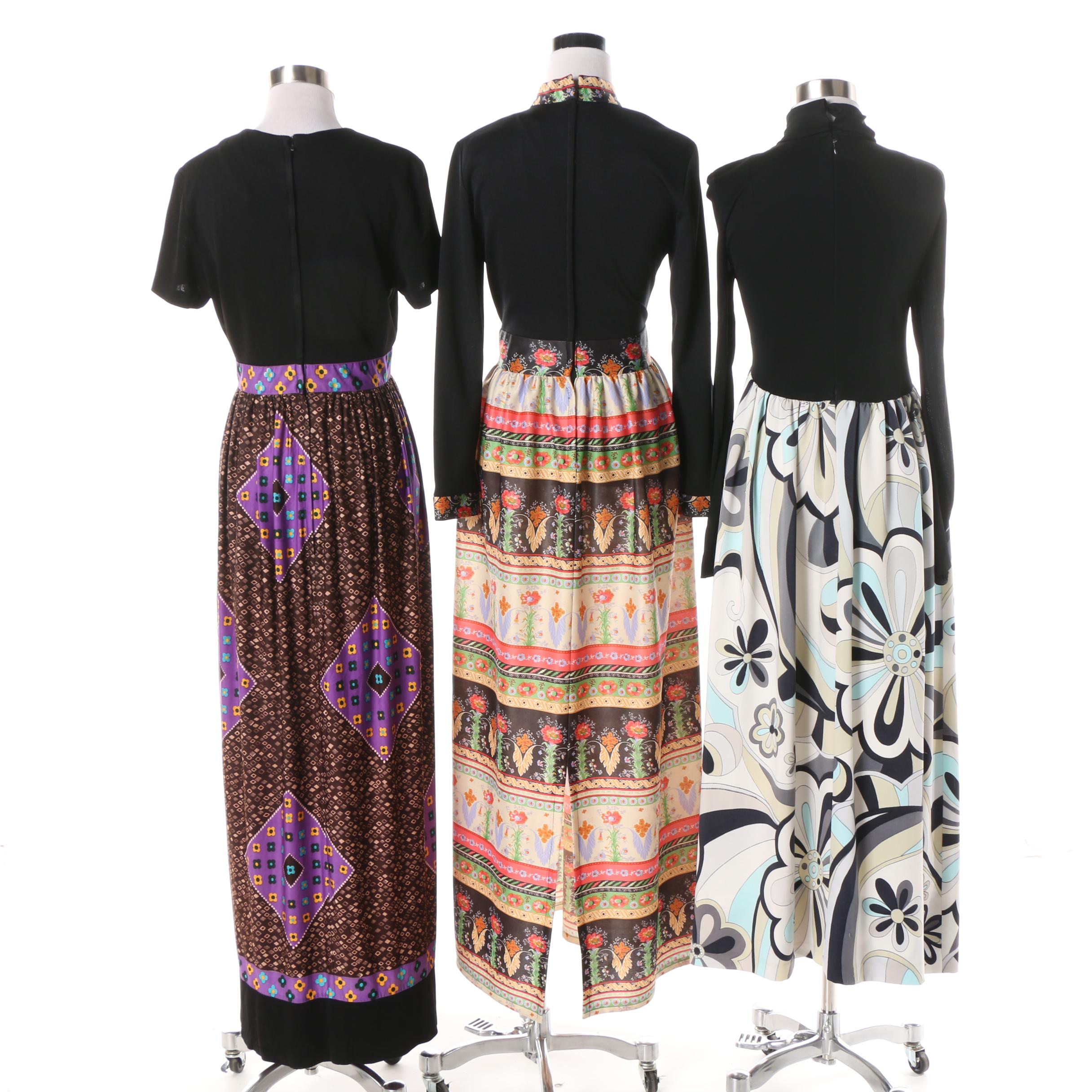 Women's 1970s Vintage Floral and Geometric Print Knit Maxi Dresses