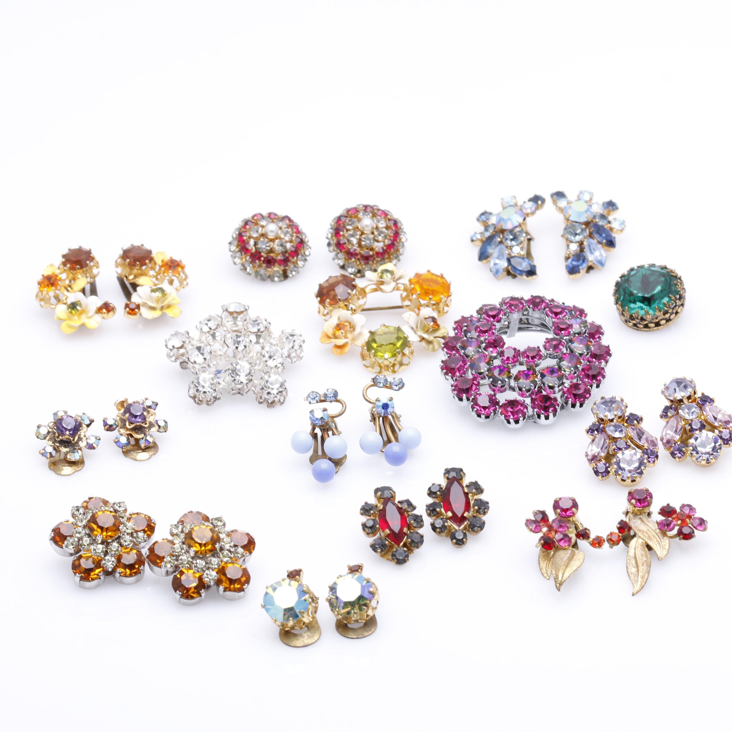 Mid Century Austrian Crystal Rhinestone Earrings and Brooches