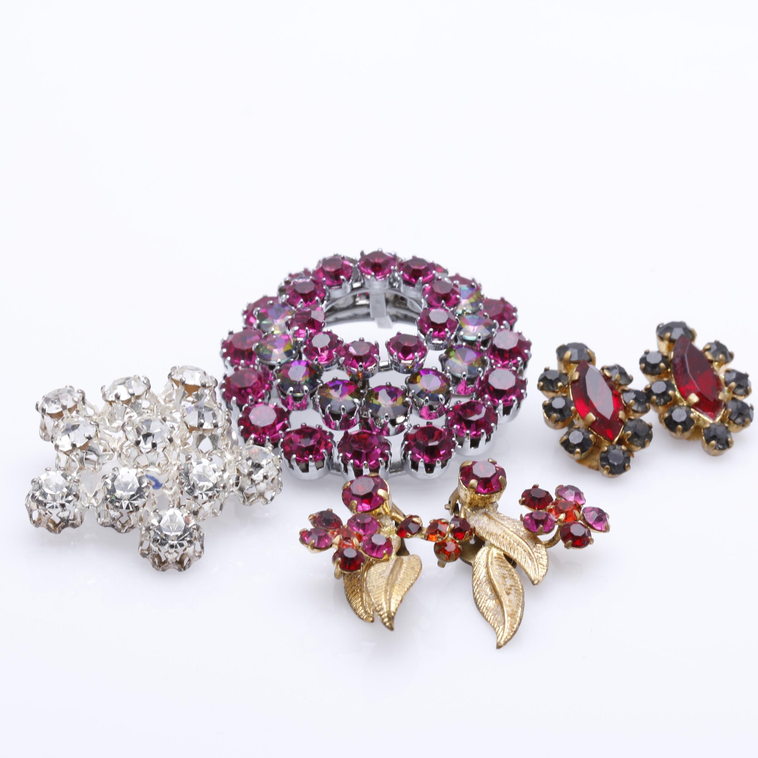 Mid Century Austrian Crystal Rhinestone Earrings and Brooches