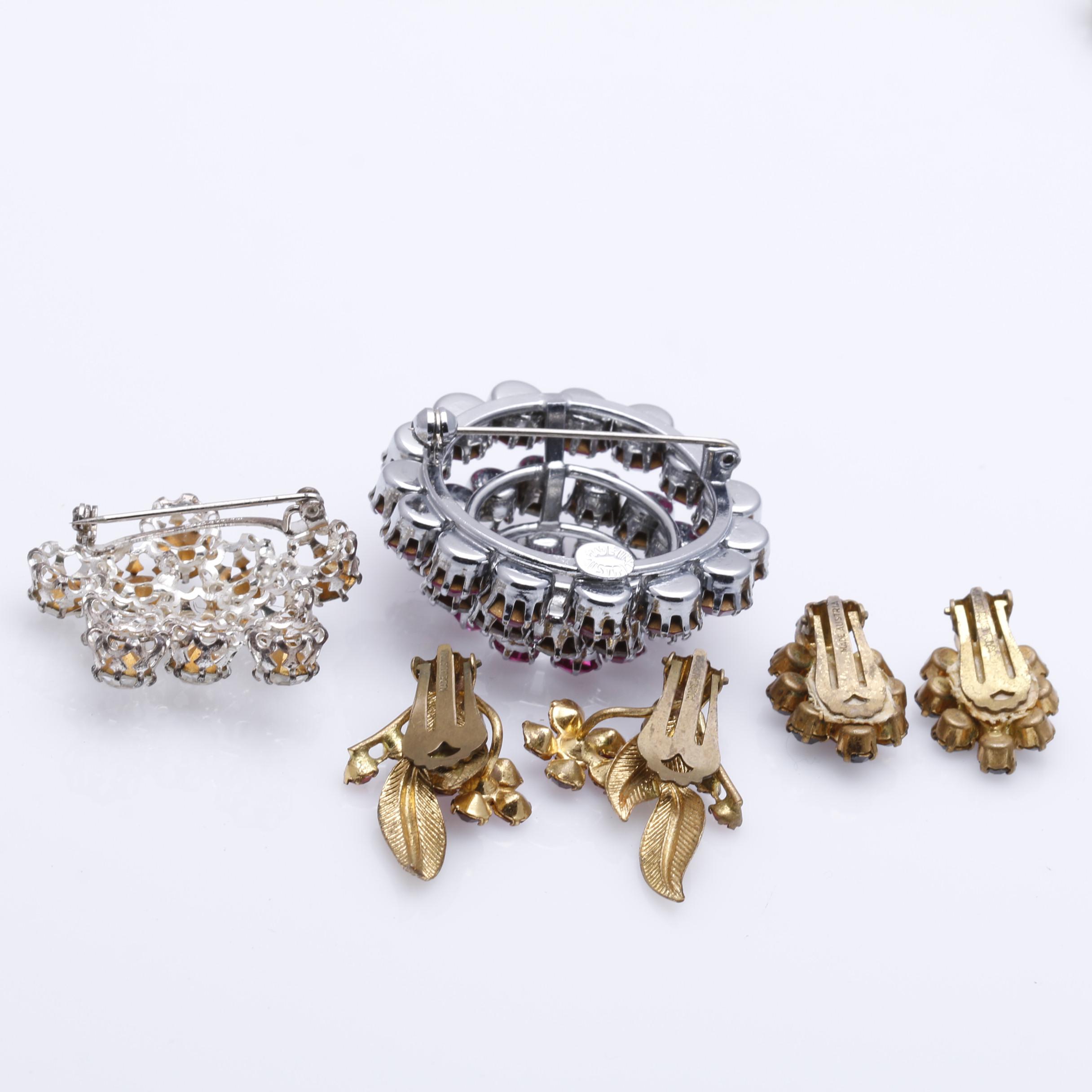Mid Century Austrian Crystal Rhinestone Earrings and Brooches
