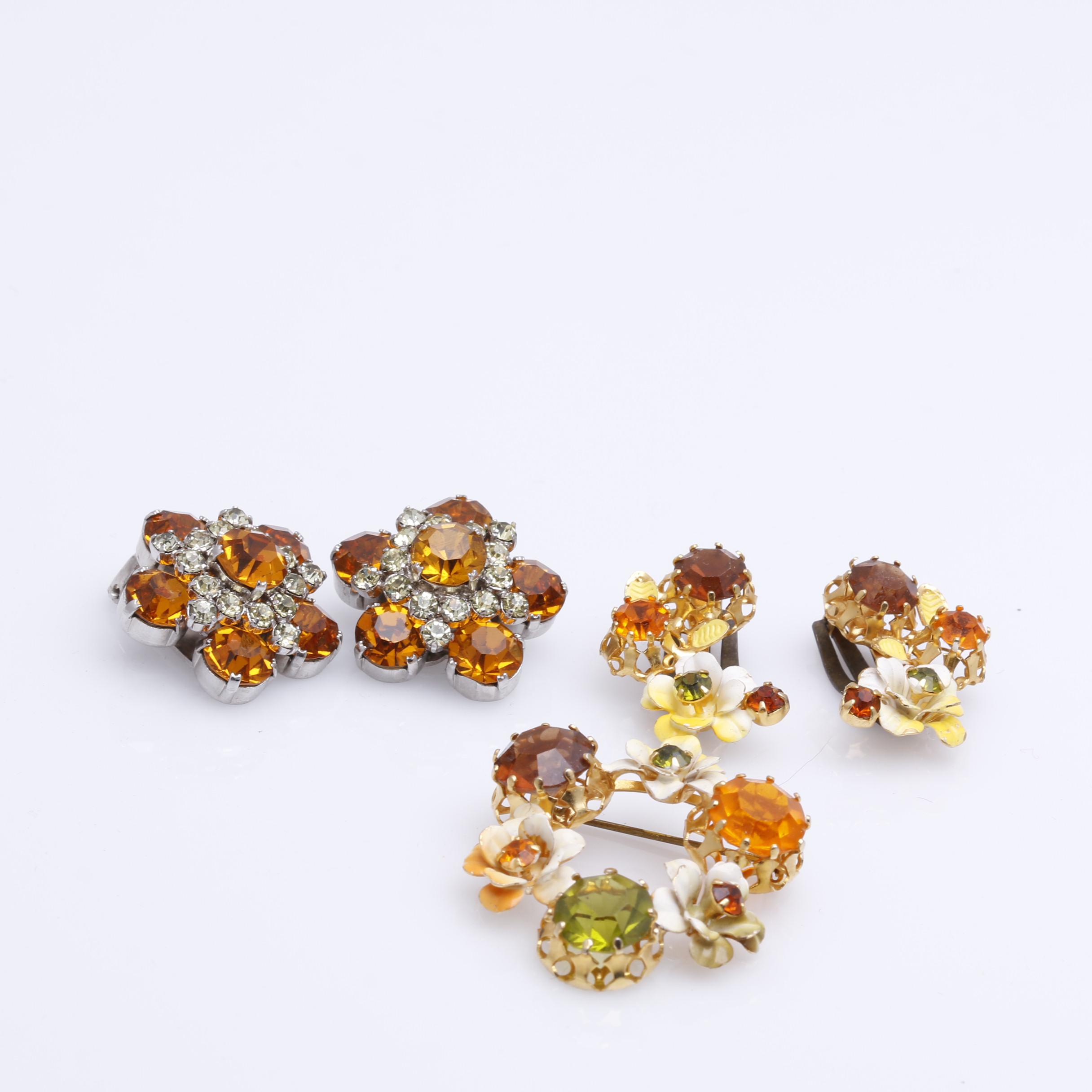 Mid Century Austrian Crystal Rhinestone Earrings and Brooches