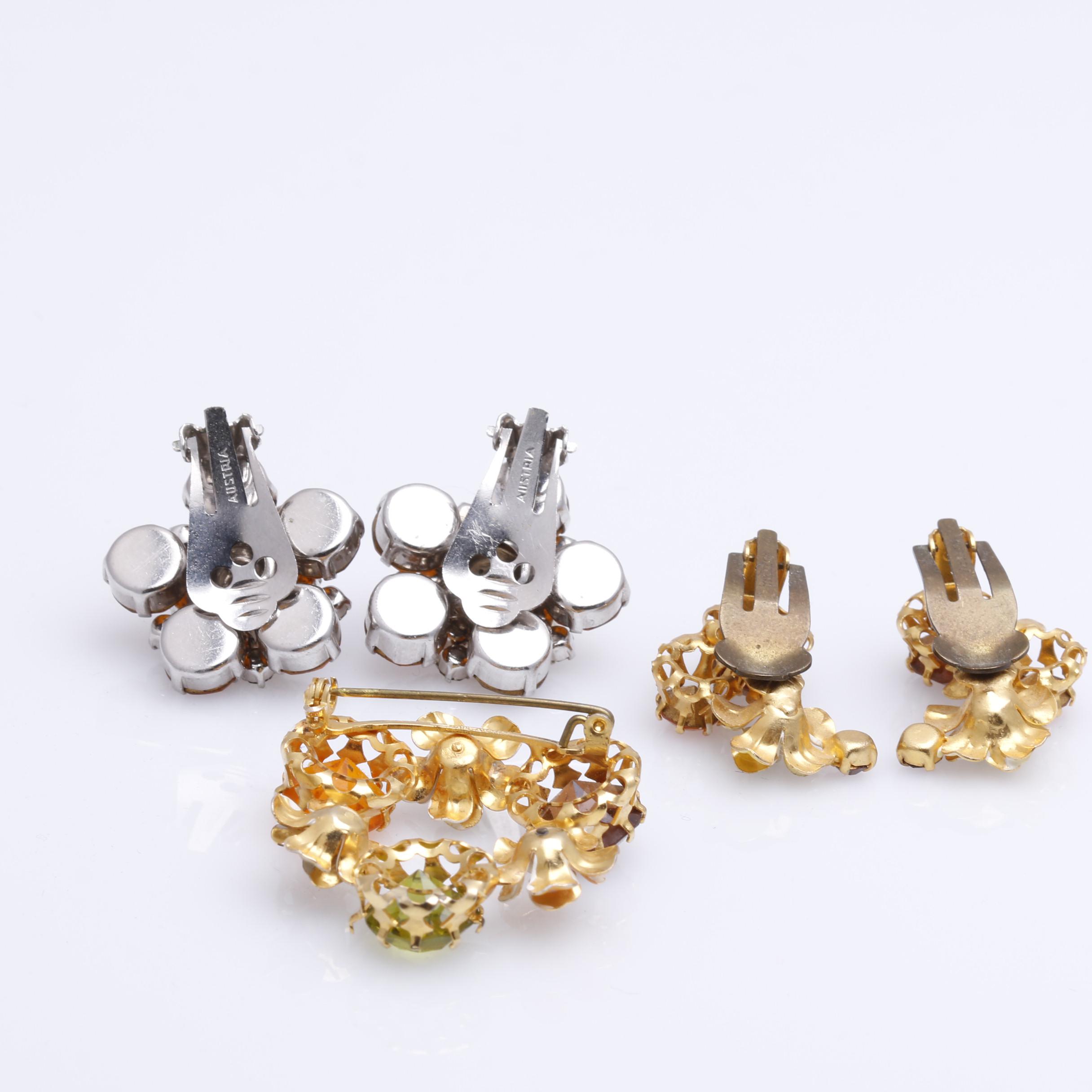 Mid Century Austrian Crystal Rhinestone Earrings and Brooches