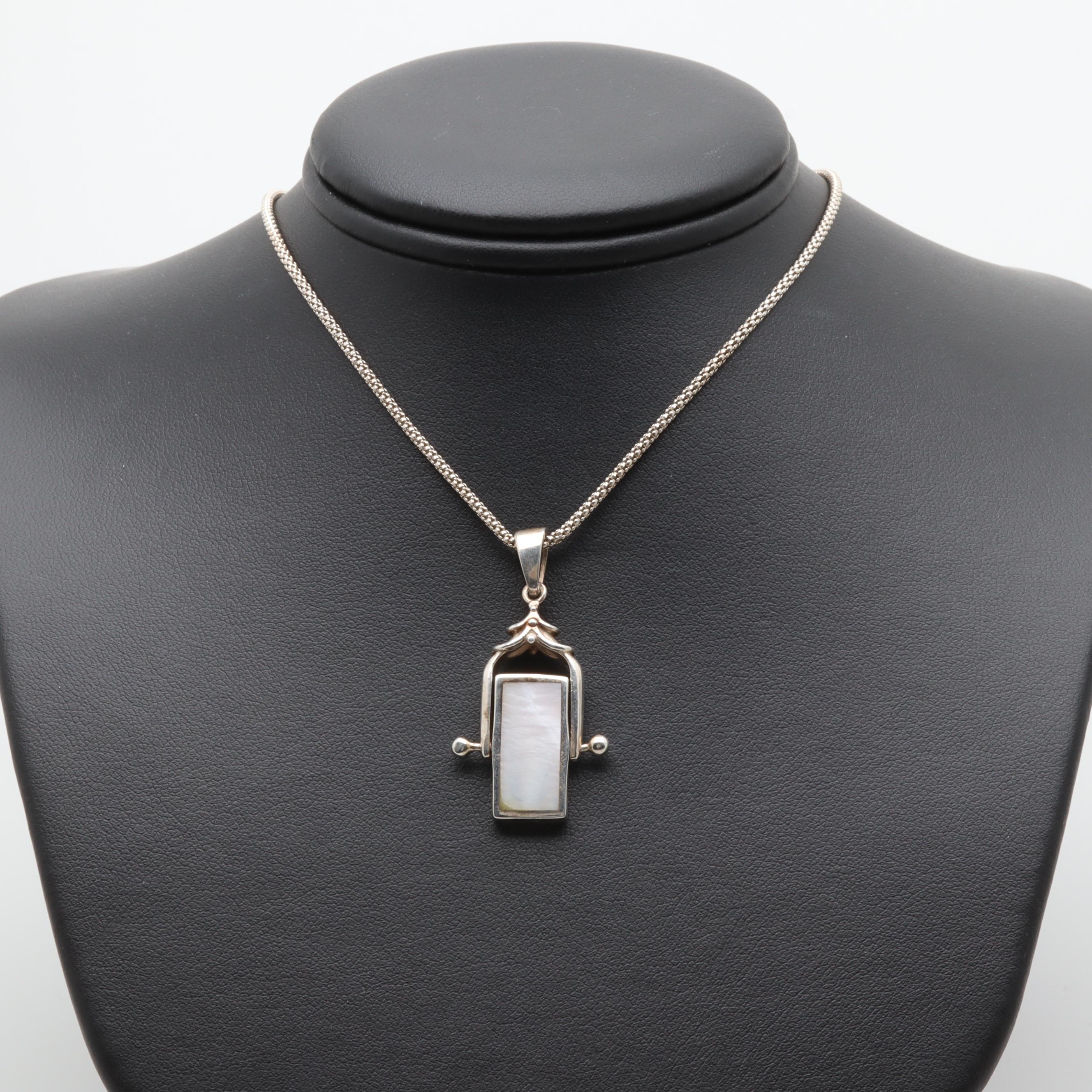 Sterling Silver Black Onyx and Mother of Pearl Reversible Pendant Necklace