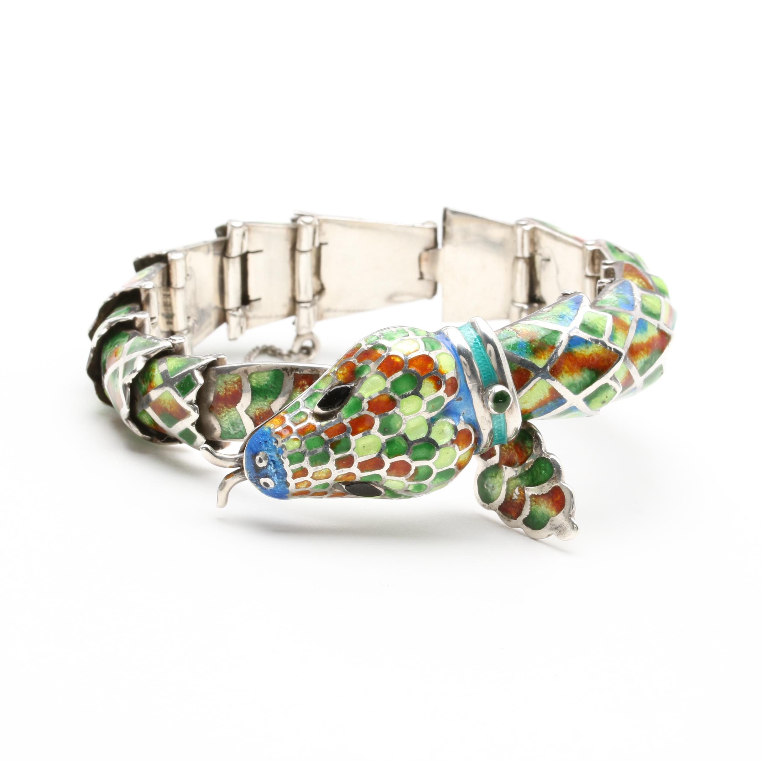 Mexico Sterling Silver Articulated Enamel Snake Bracelet