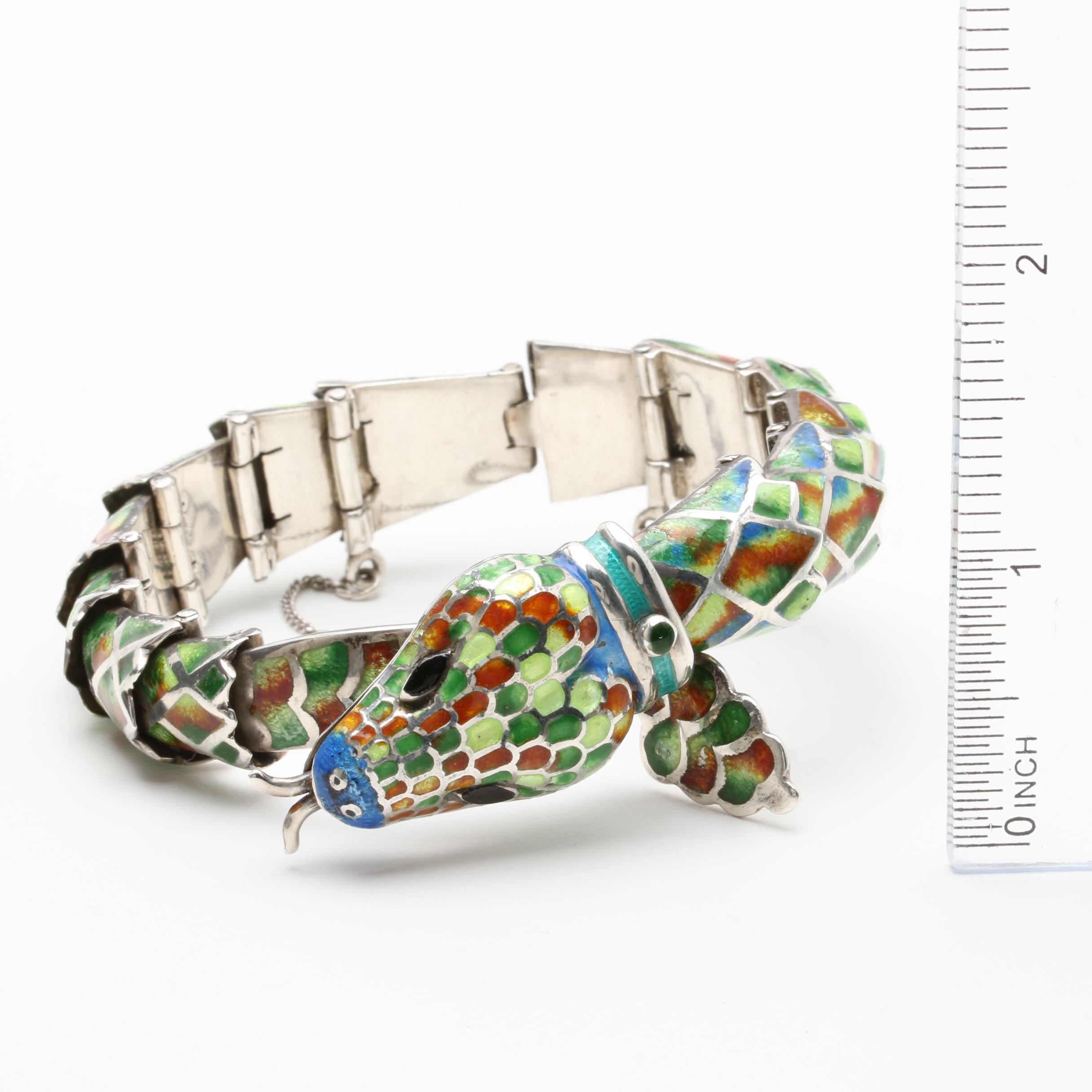 Mexico Sterling Silver Articulated Enamel Snake Bracelet