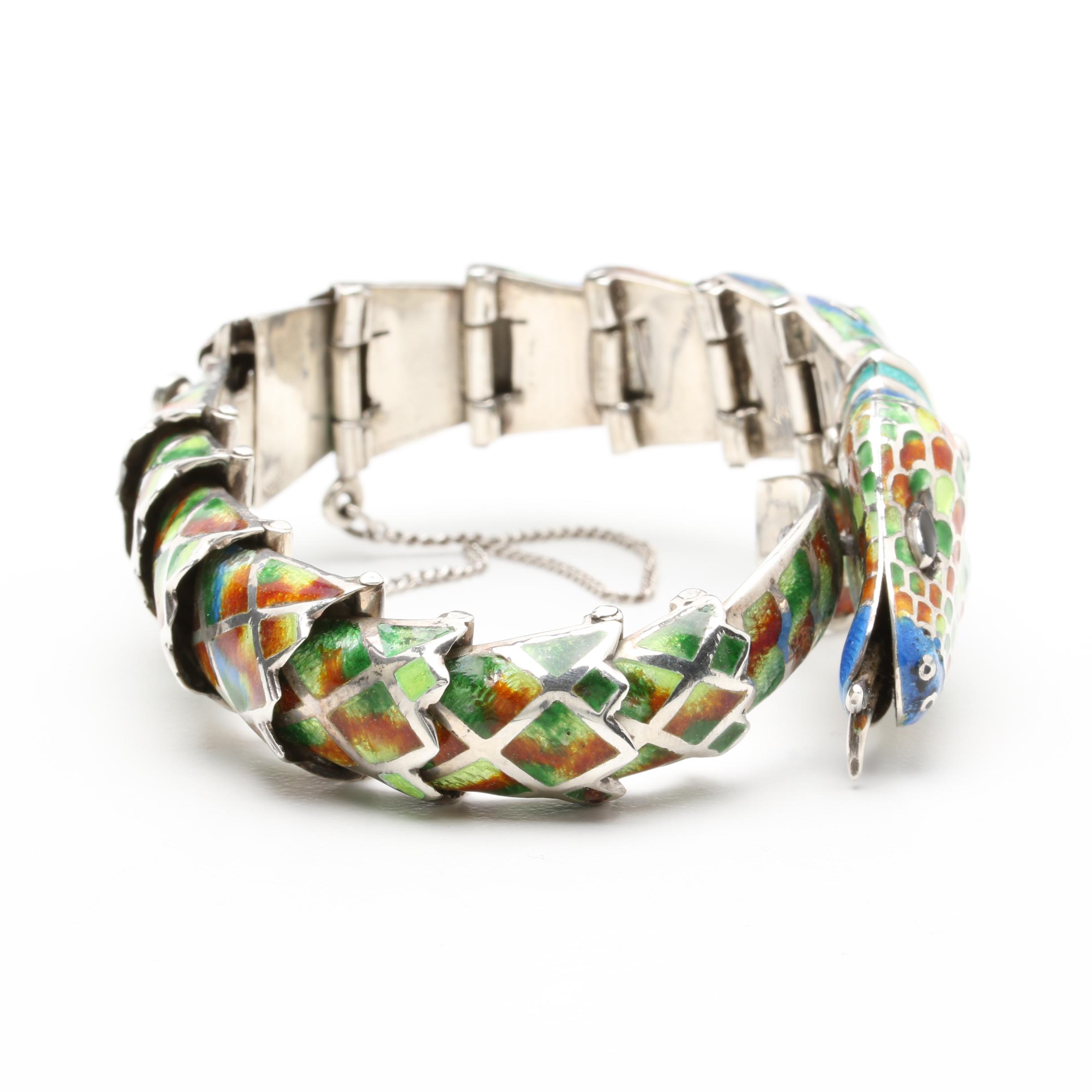 Mexico Sterling Silver Articulated Enamel Snake Bracelet