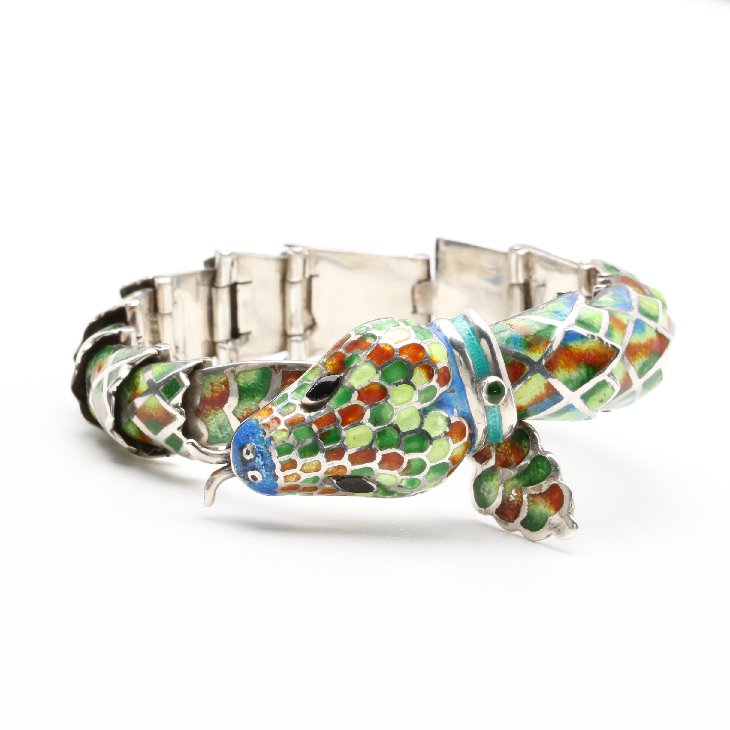 Mexico Sterling Silver Articulated Enamel Snake Bracelet