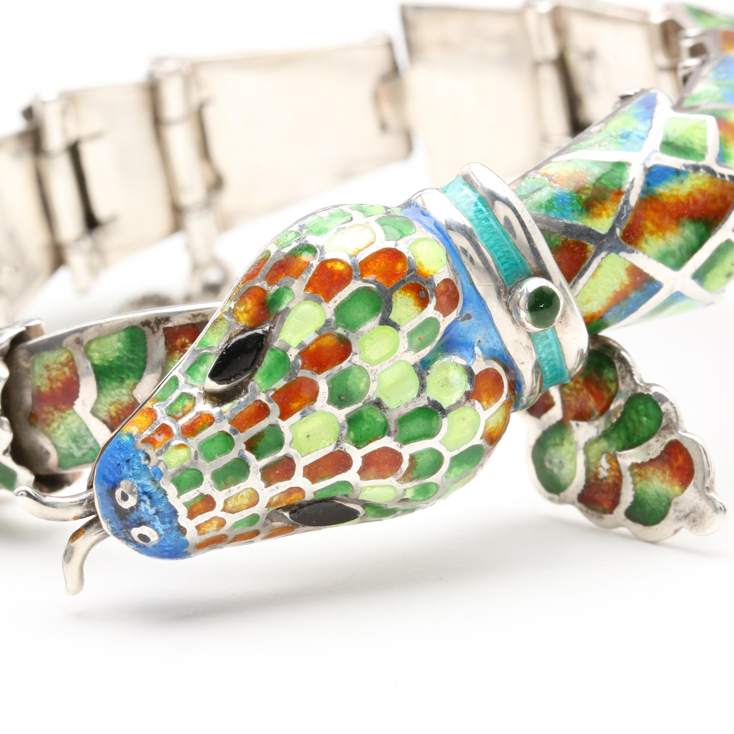 Mexico Sterling Silver Articulated Enamel Snake Bracelet