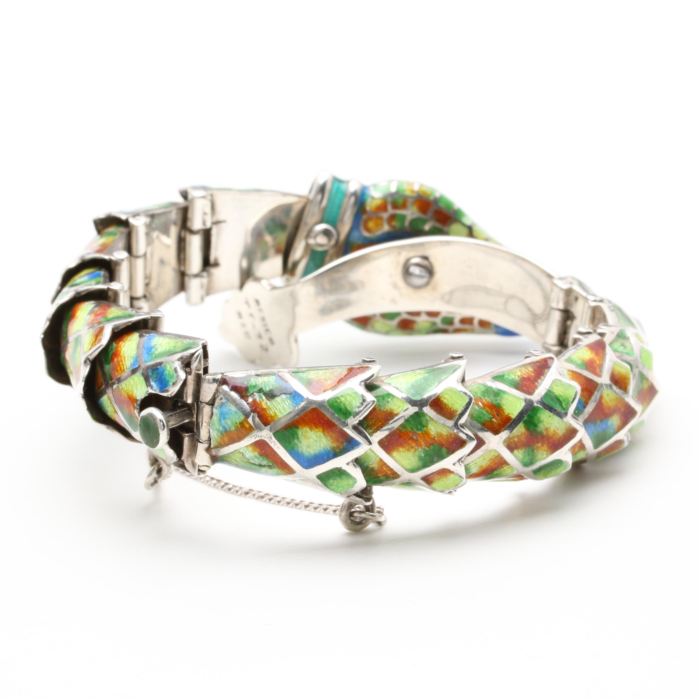 Mexico Sterling Silver Articulated Enamel Snake Bracelet