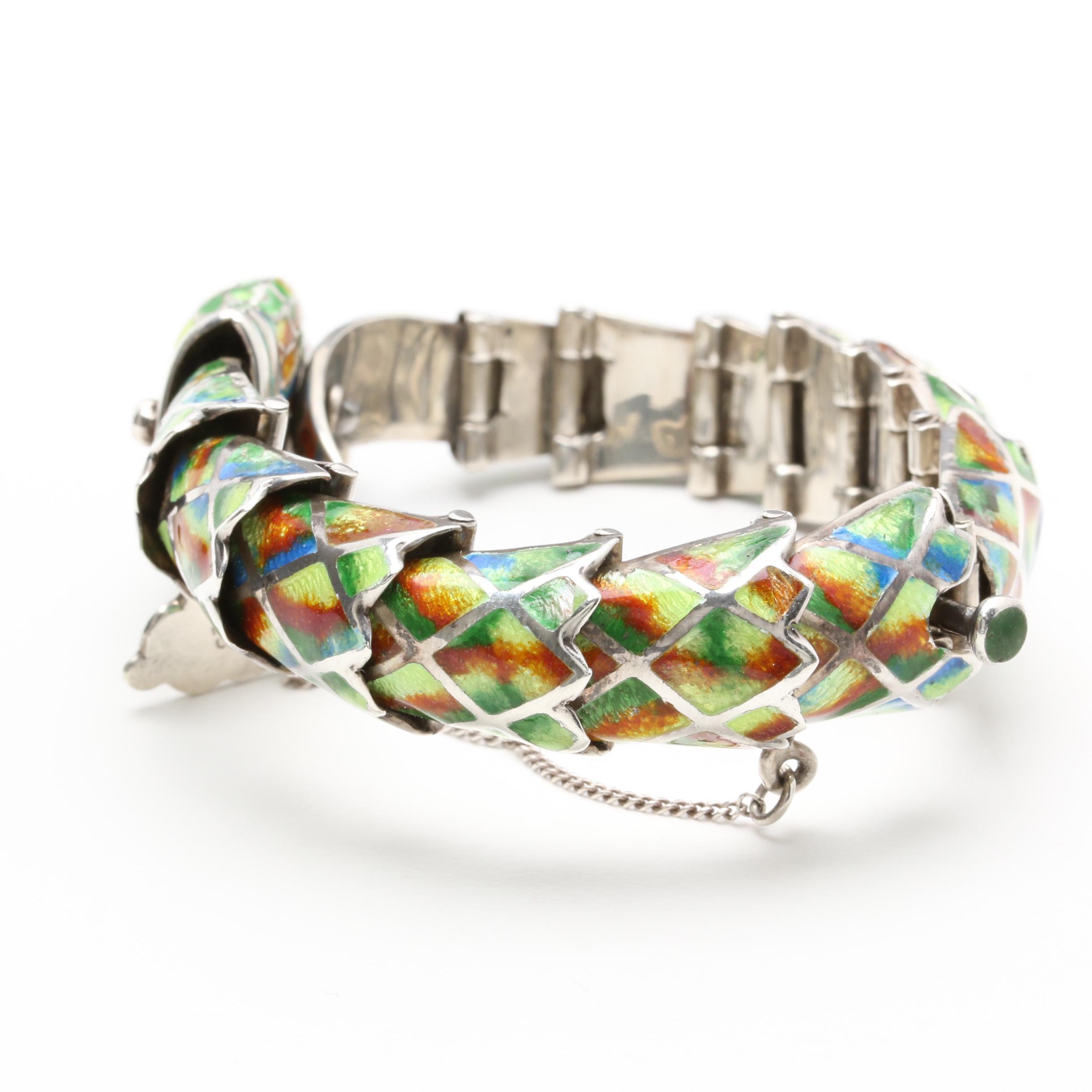 Mexico Sterling Silver Articulated Enamel Snake Bracelet