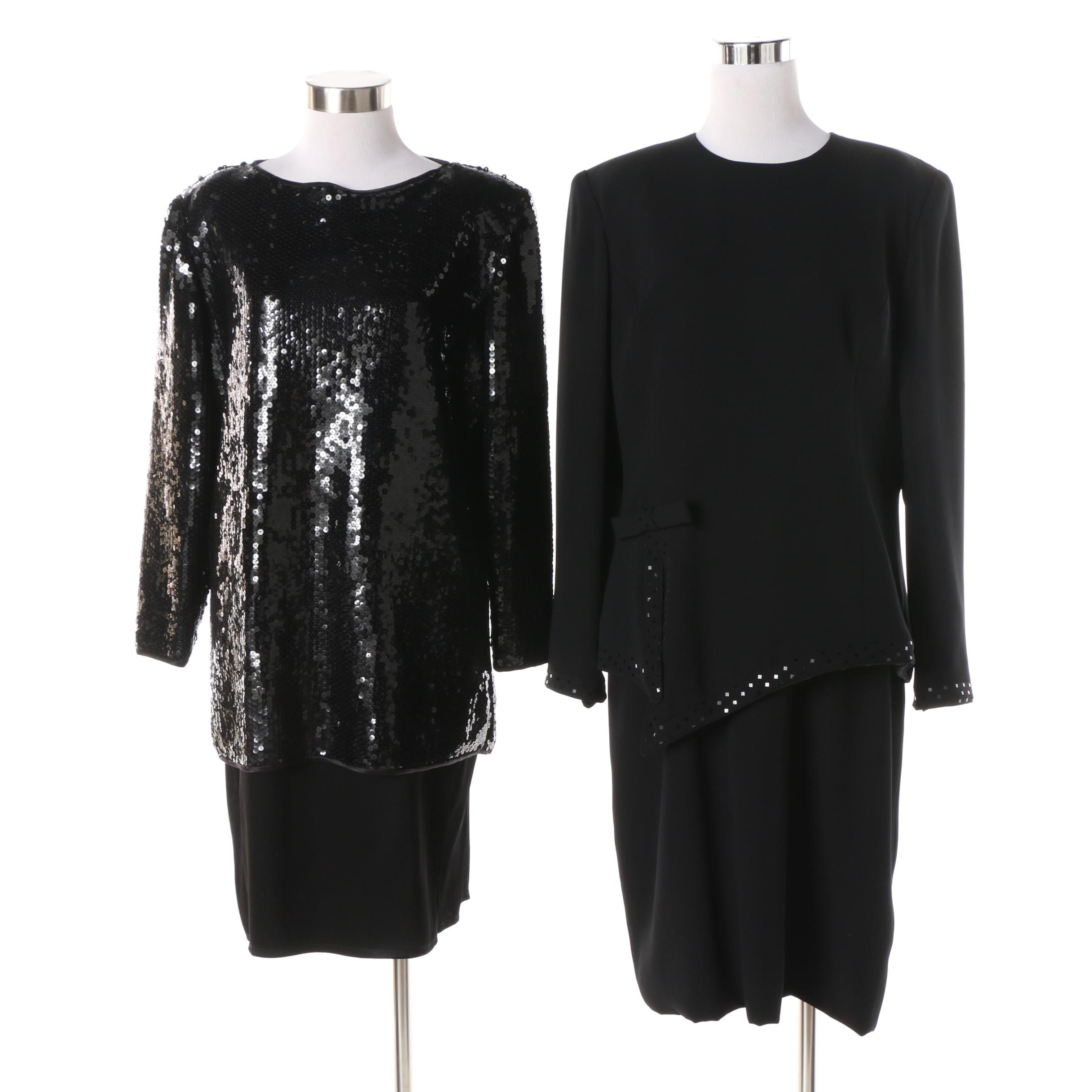 1980s Travilla and Tom and Linda Platt Black Silk and Sequin Cocktail Dresses