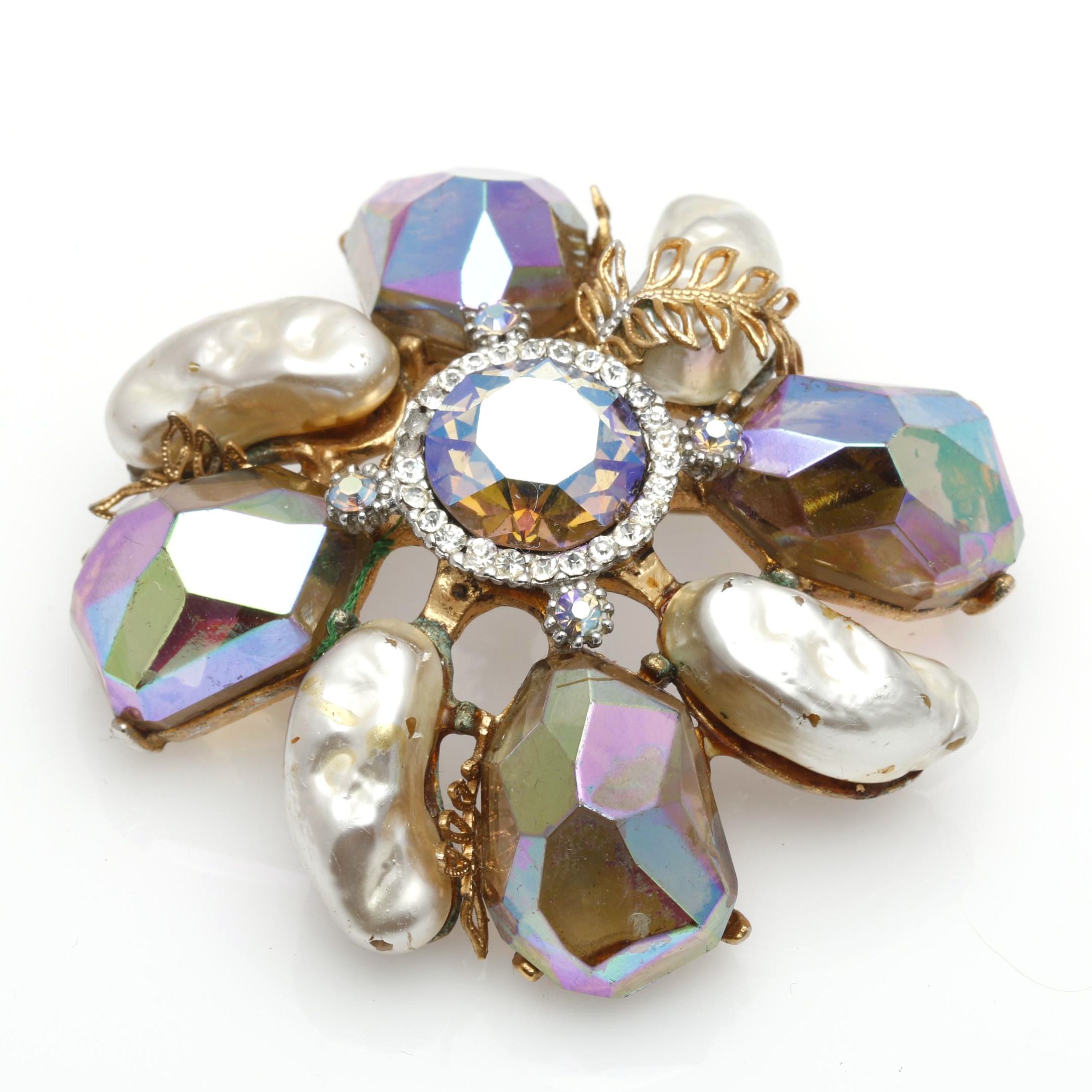 1950s HAR Large Aurora Borealis and Pearl Brooch