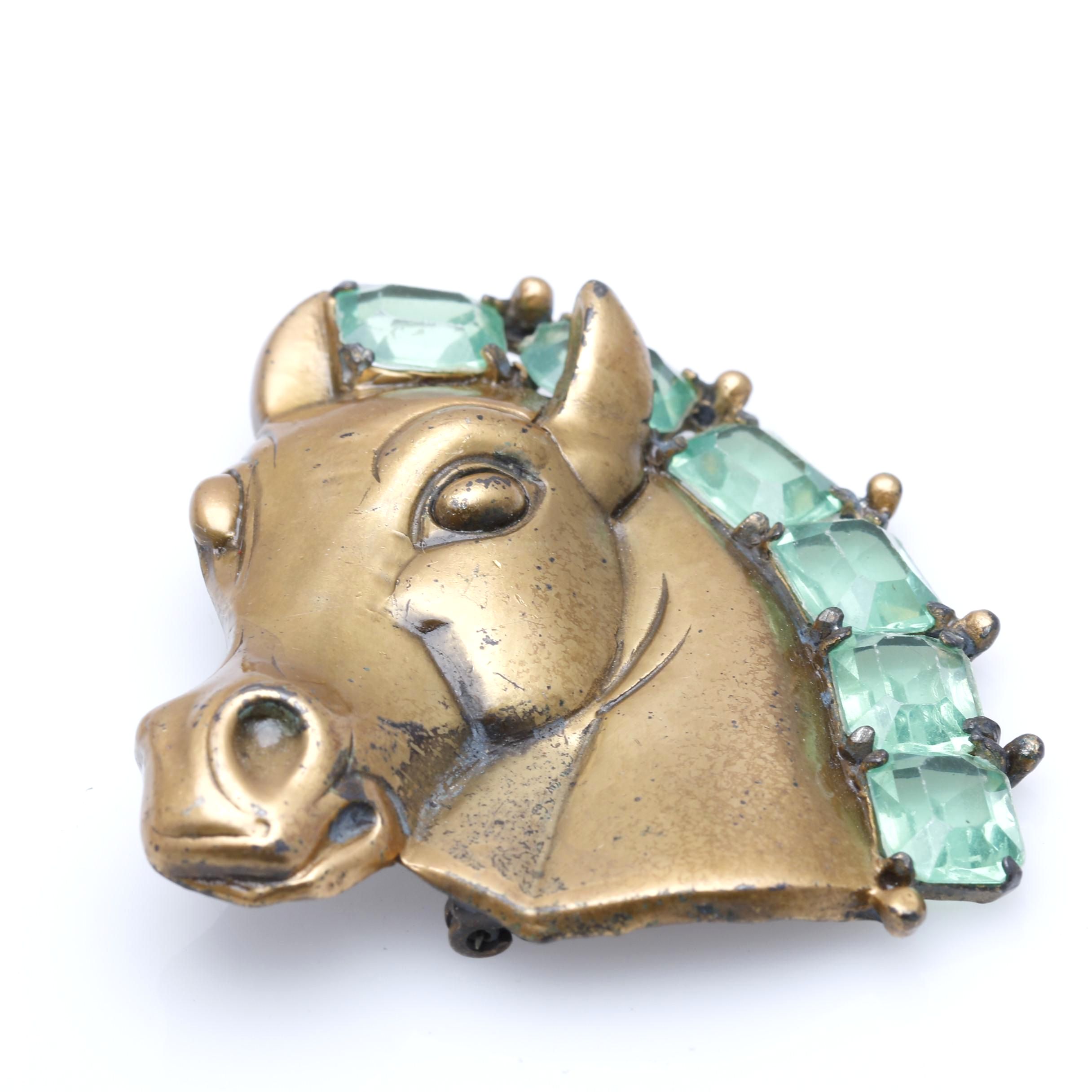 1940s Equestrian Horse Head Brooch with Green Emerald Cut Rhinestone Mane