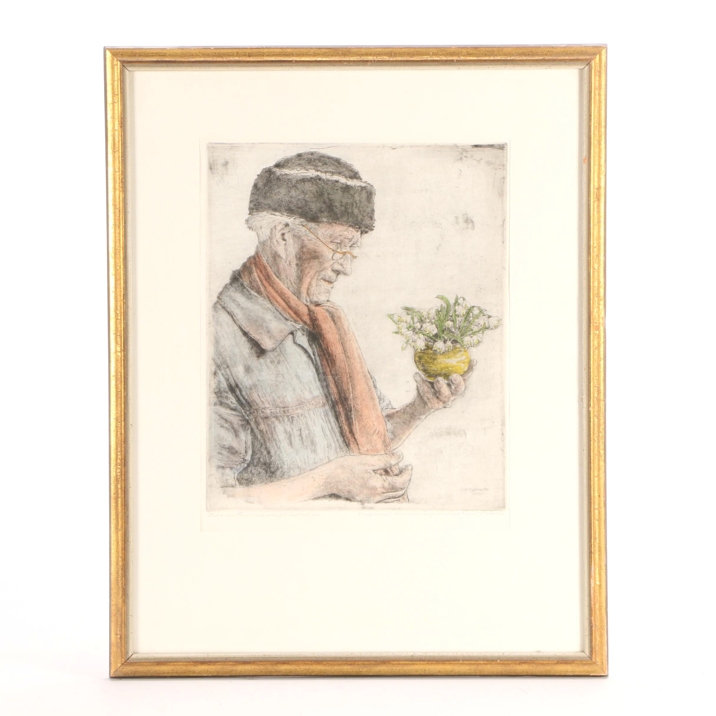 Paul Geissler 1951 Hand-Colored Etching on Paper "Die Ersten Schneeglöckchen"