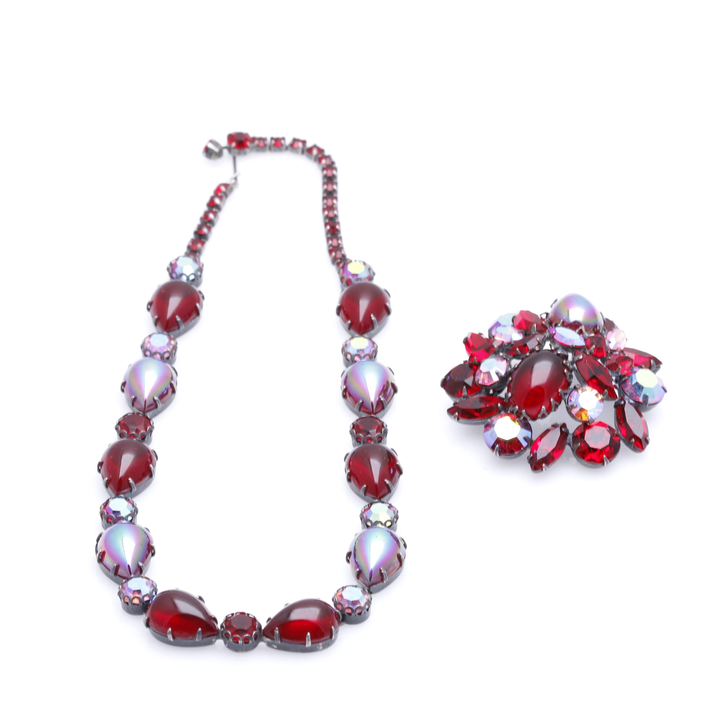 1950s Regency Red Iridescent Rhinestone Brooch and Necklace Set
