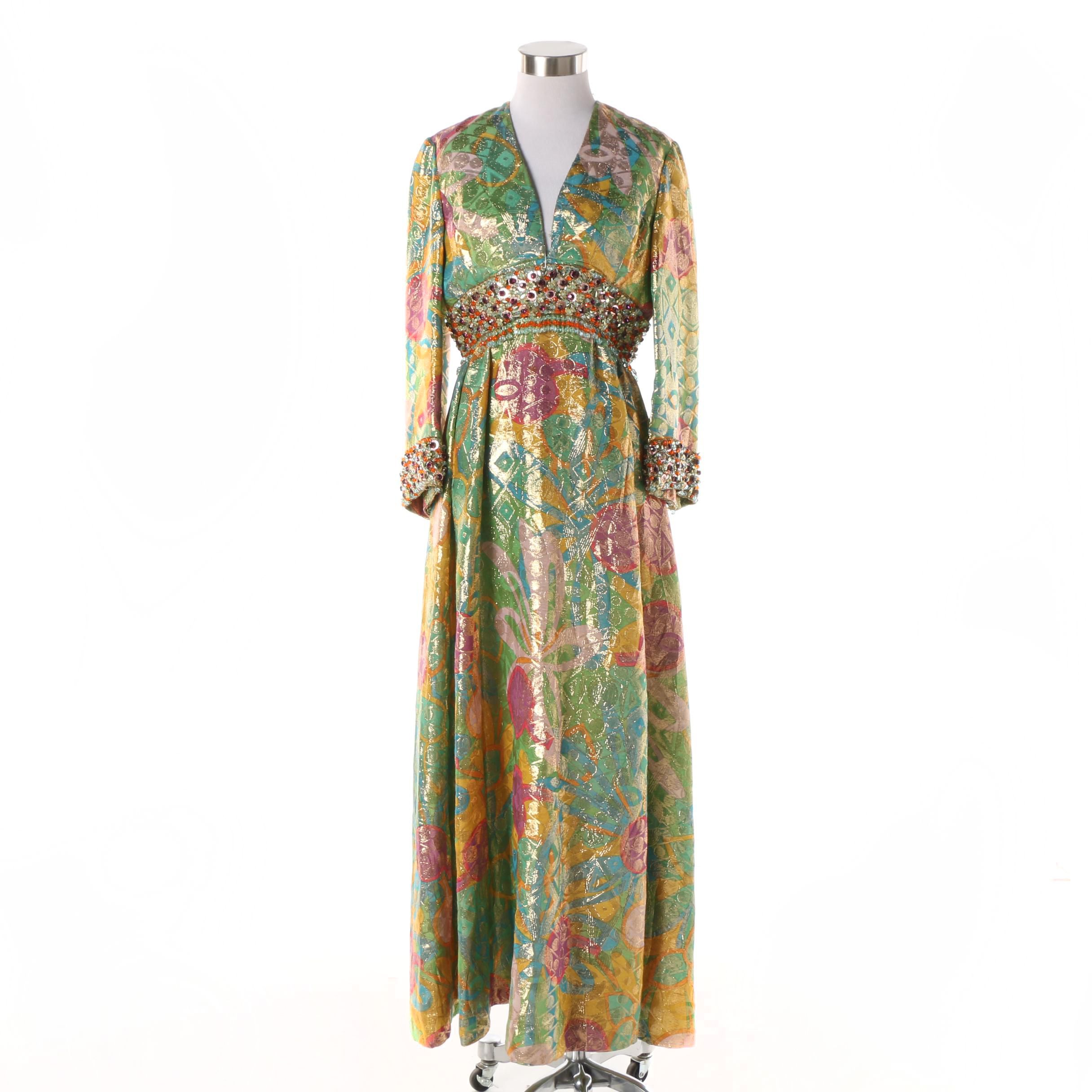 1960s Vintage Malcolm Starr Green and Gold Lamé Embellished Evening Gown