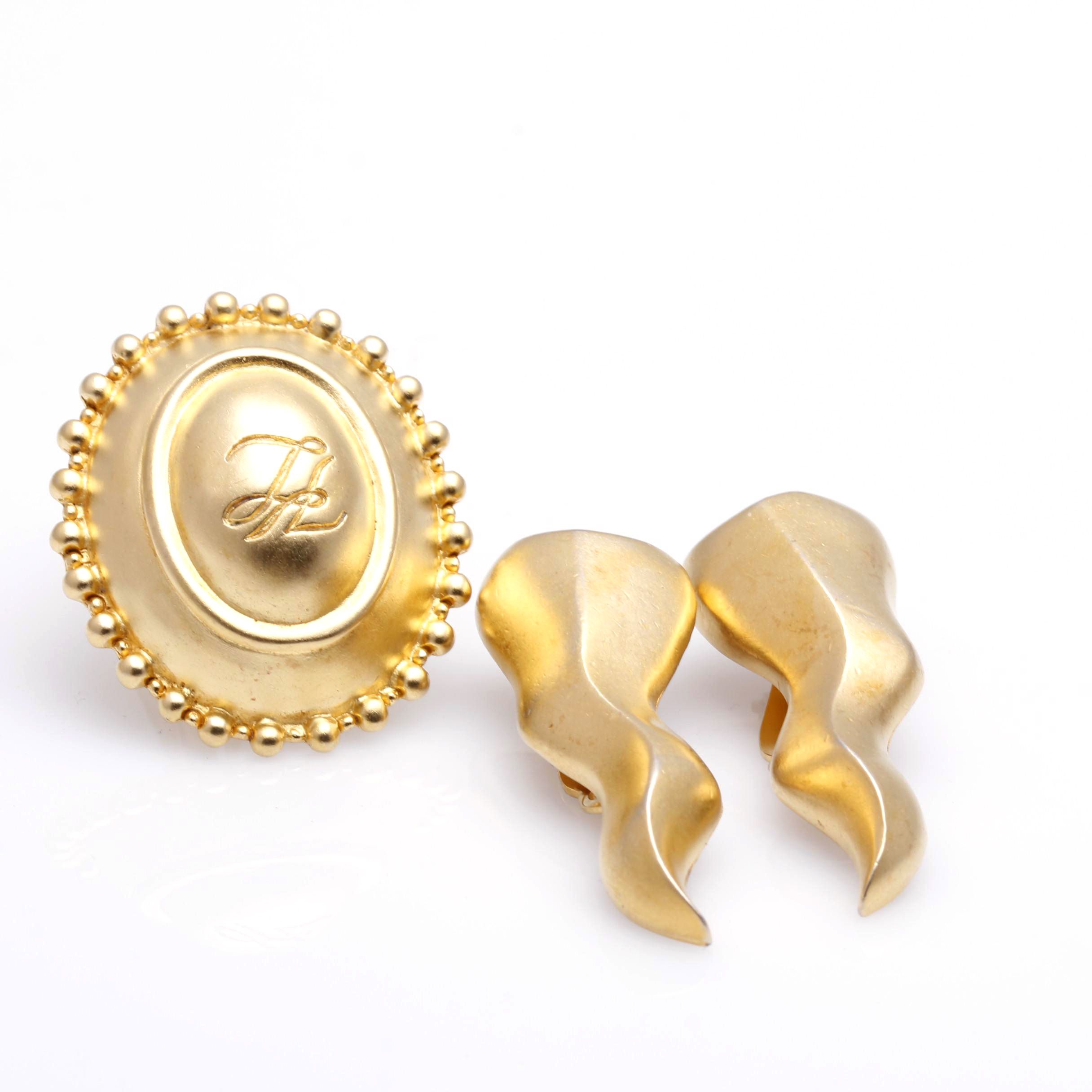 1980s Gold Tone Oscar de la Renta and Karl Lagerfeld Statement Earrings
