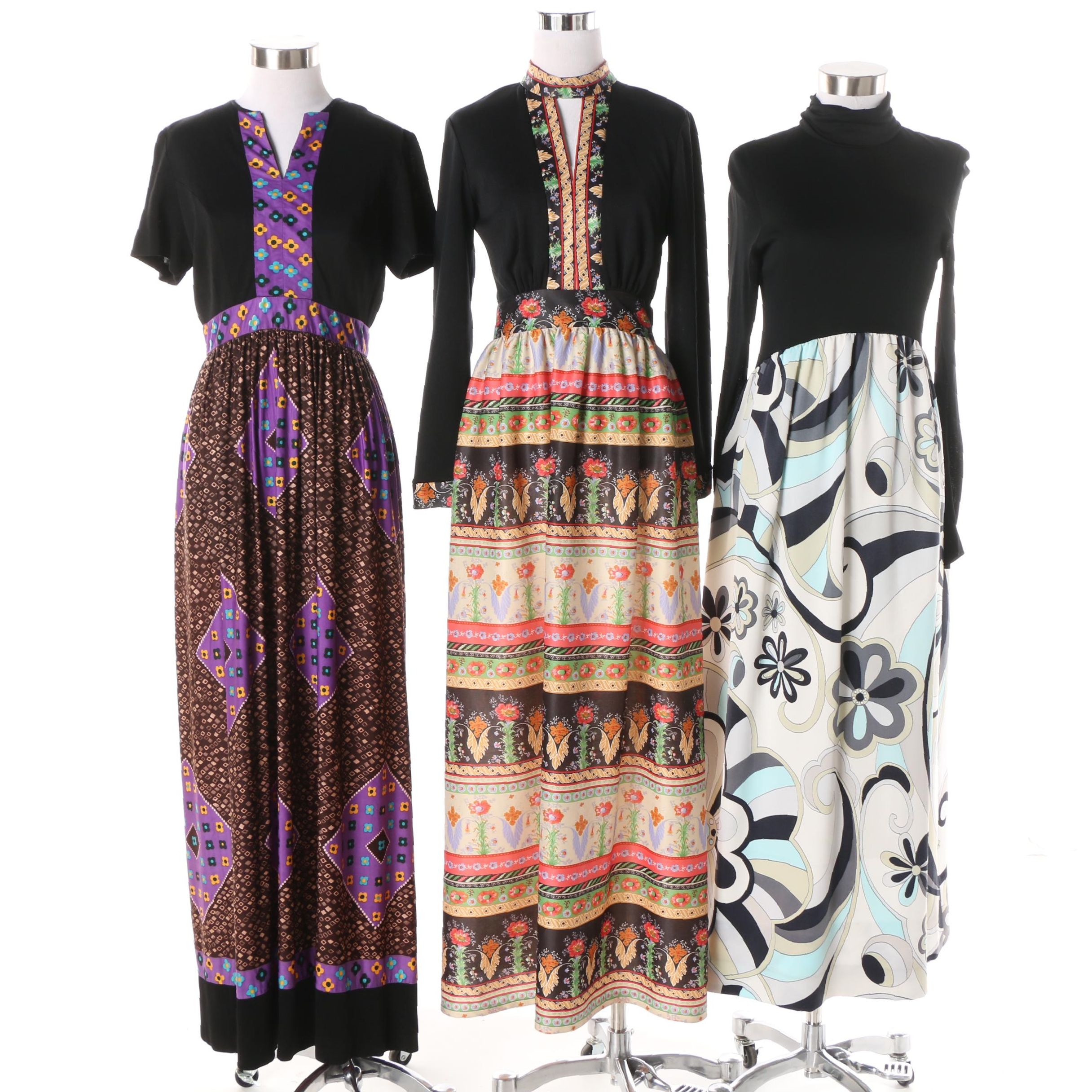 Women's 1970s Vintage Floral and Geometric Print Knit Maxi Dresses