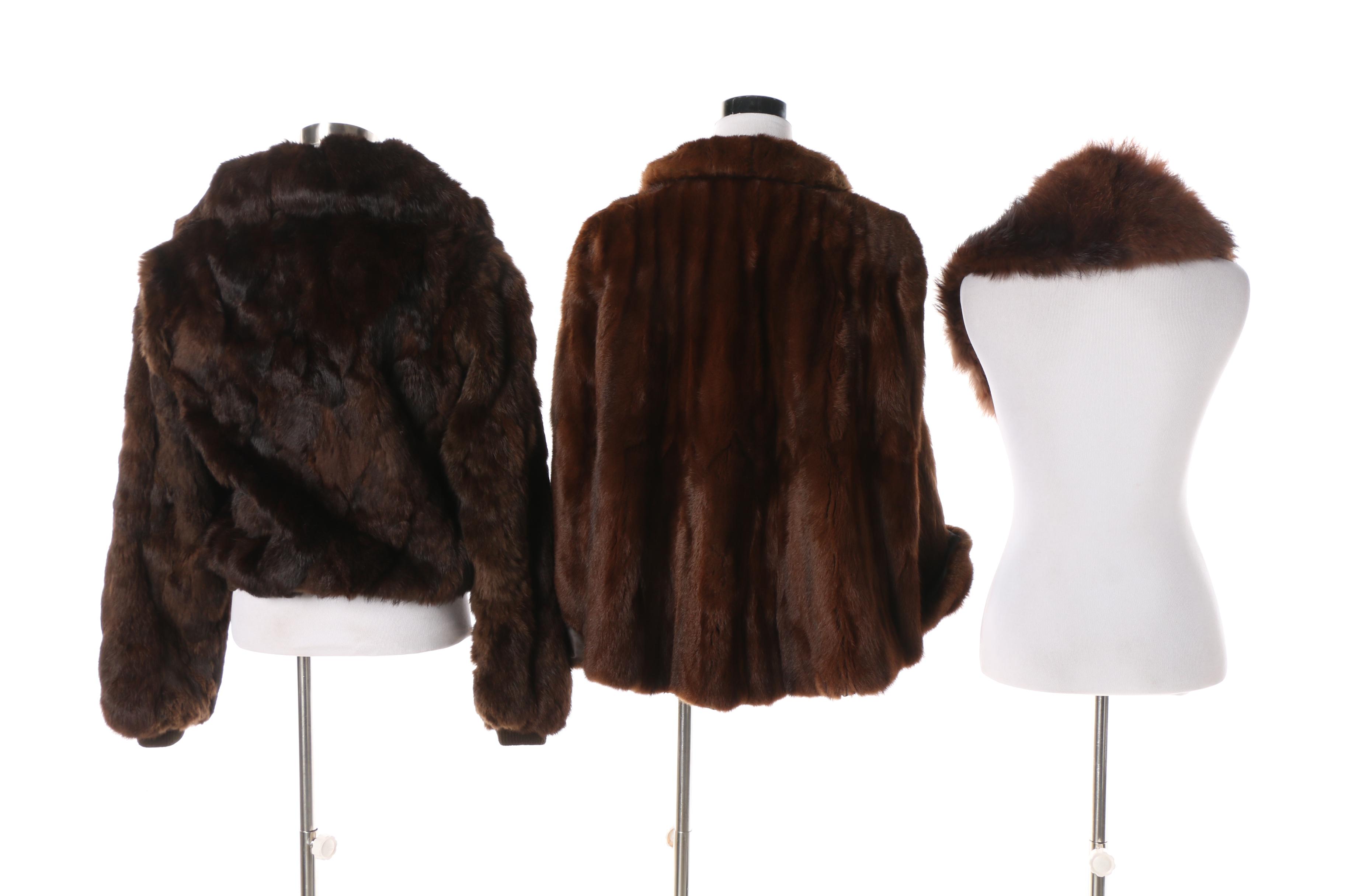 1970s Rabbit Fur Coat and Stole with Dyed Fox Fur Collar