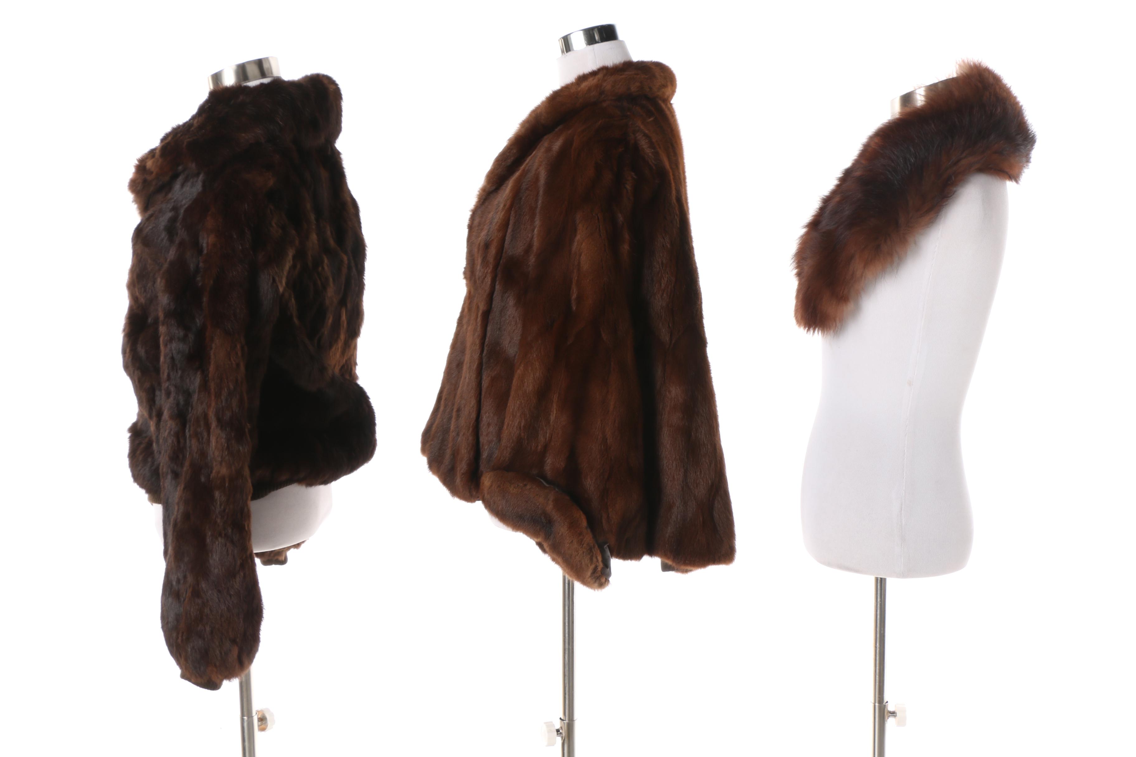 1970s Rabbit Fur Coat and Stole with Dyed Fox Fur Collar