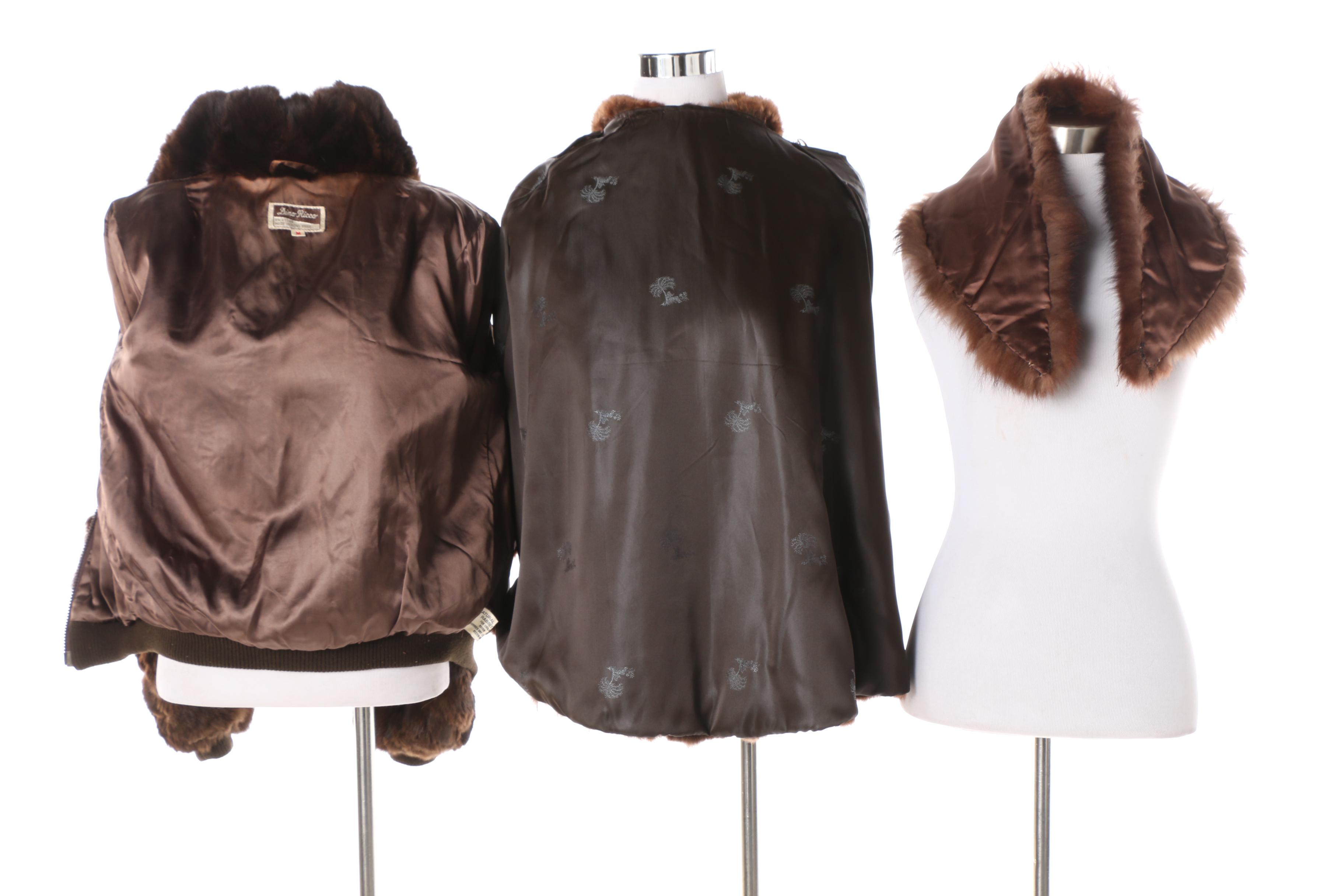 1970s Rabbit Fur Coat and Stole with Dyed Fox Fur Collar