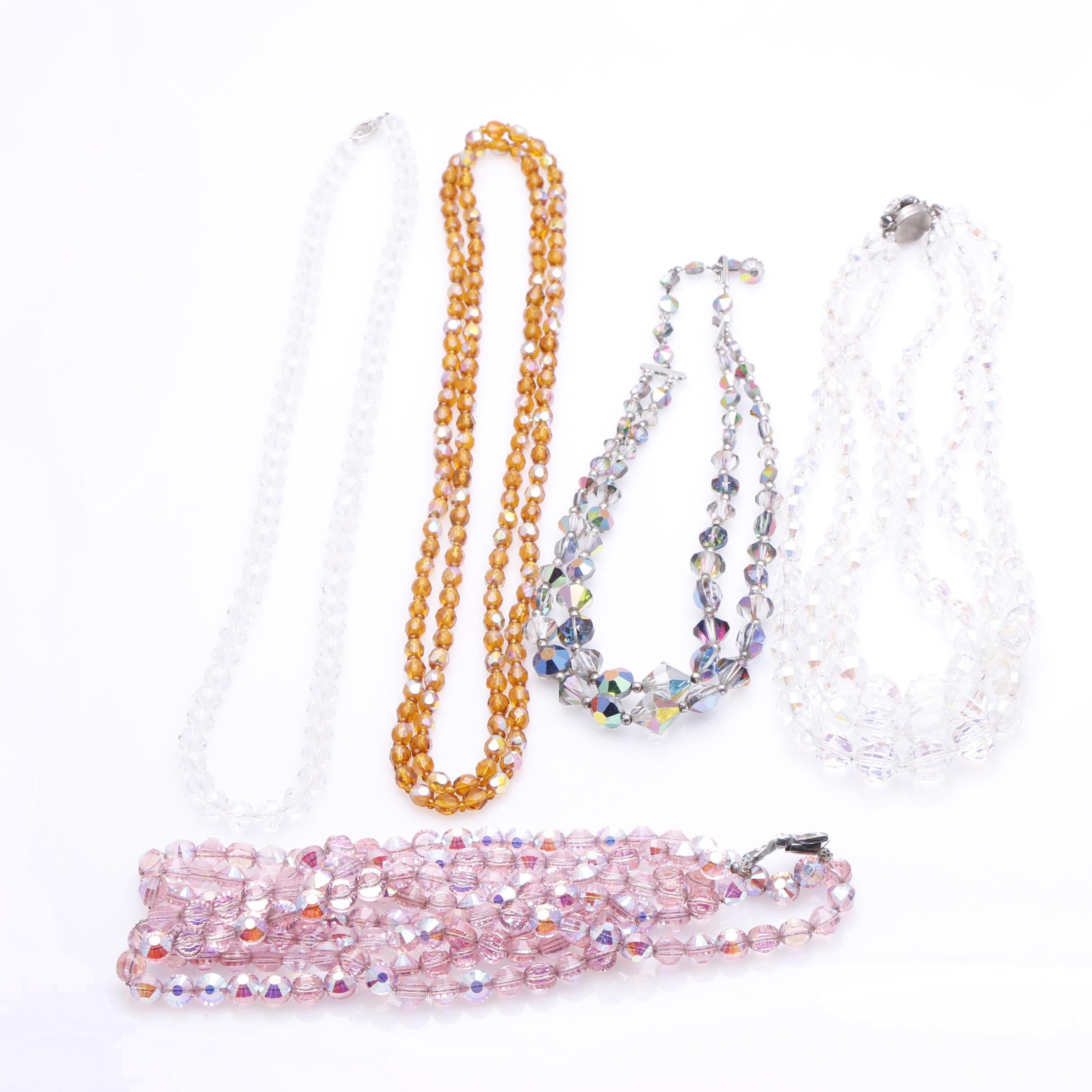 Mid Century Cut Crystal Iridescent Beaded Necklaces