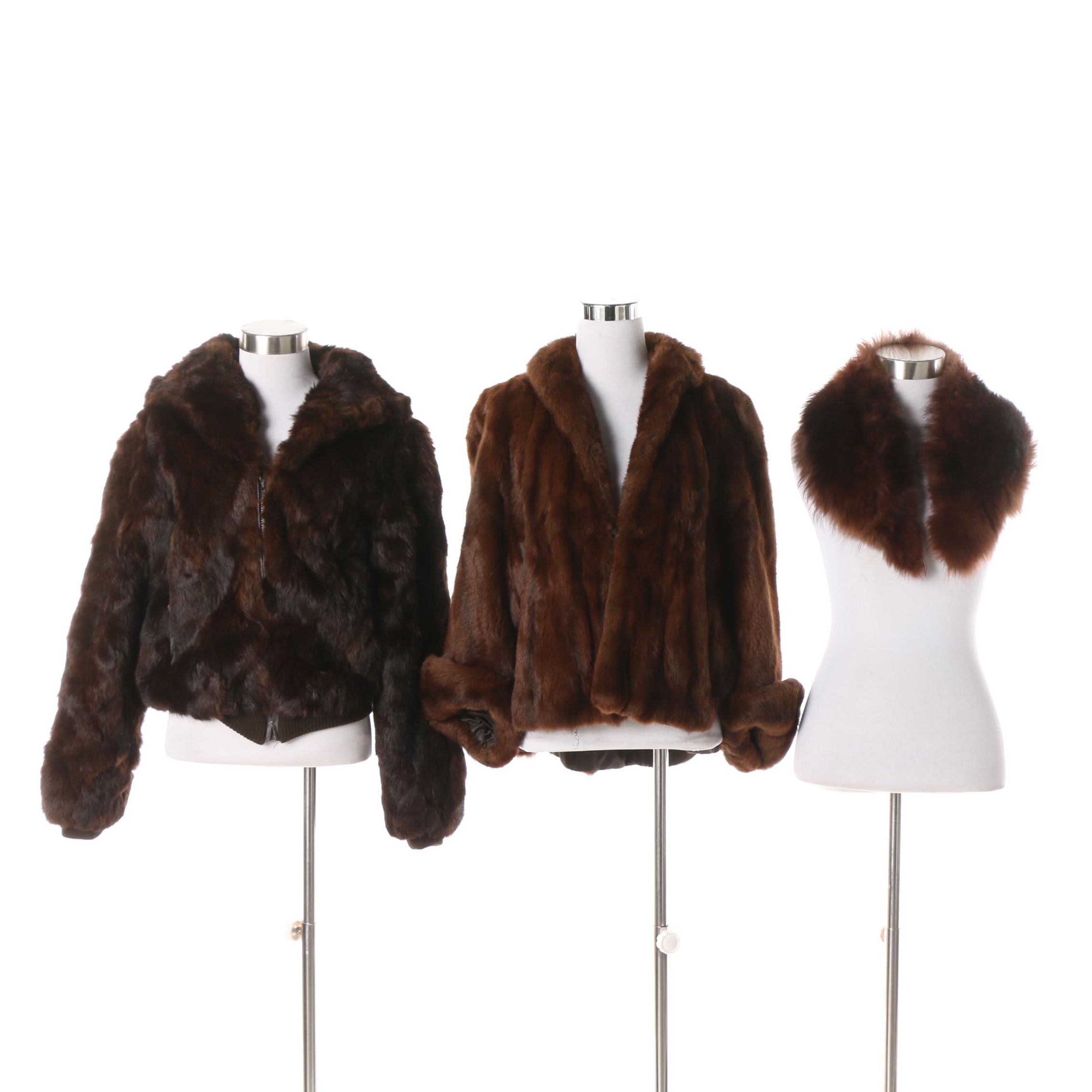 1970s Rabbit Fur Coat and Stole with Dyed Fox Fur Collar