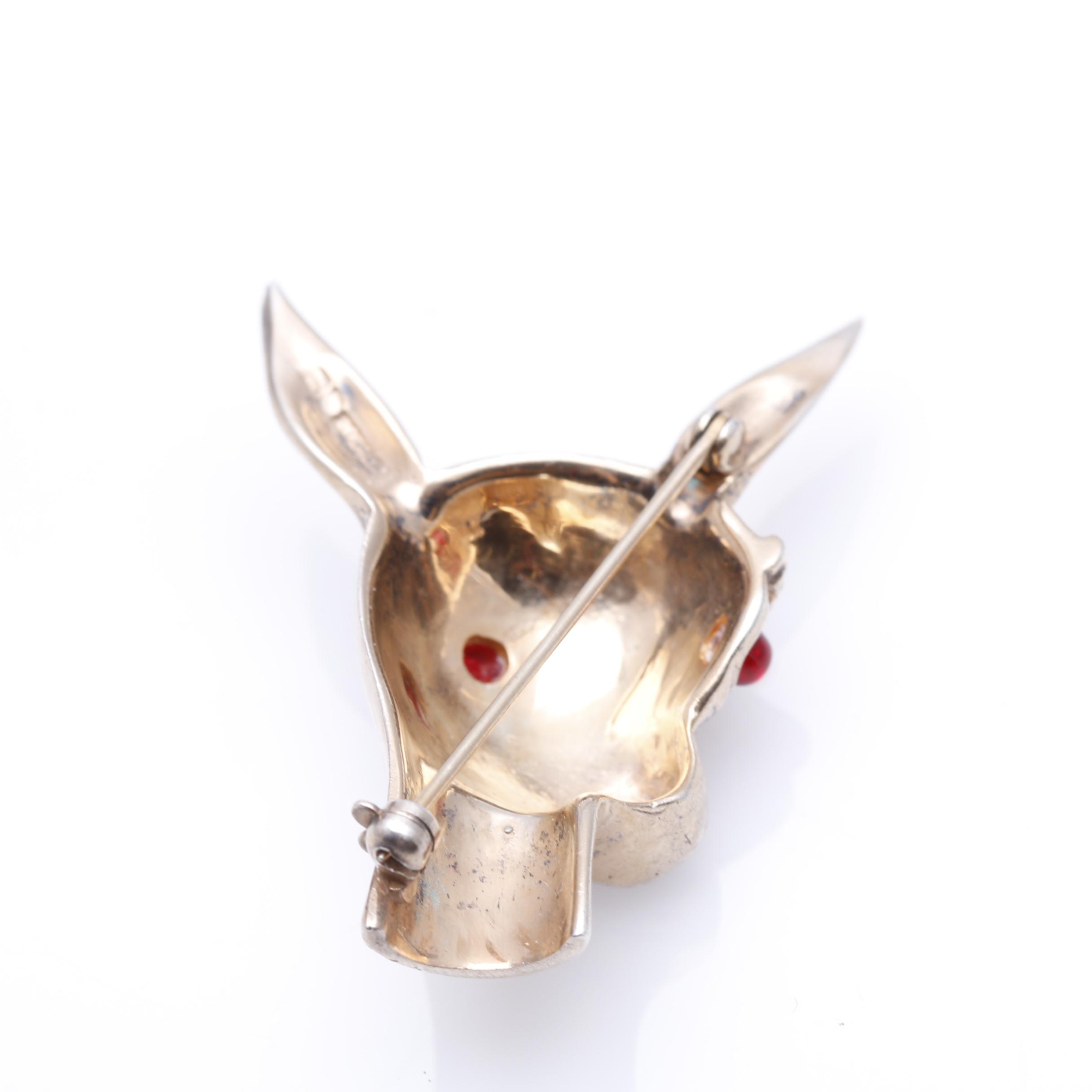 1940s Sterling and Rhinestone Deer Head Brooch by BE