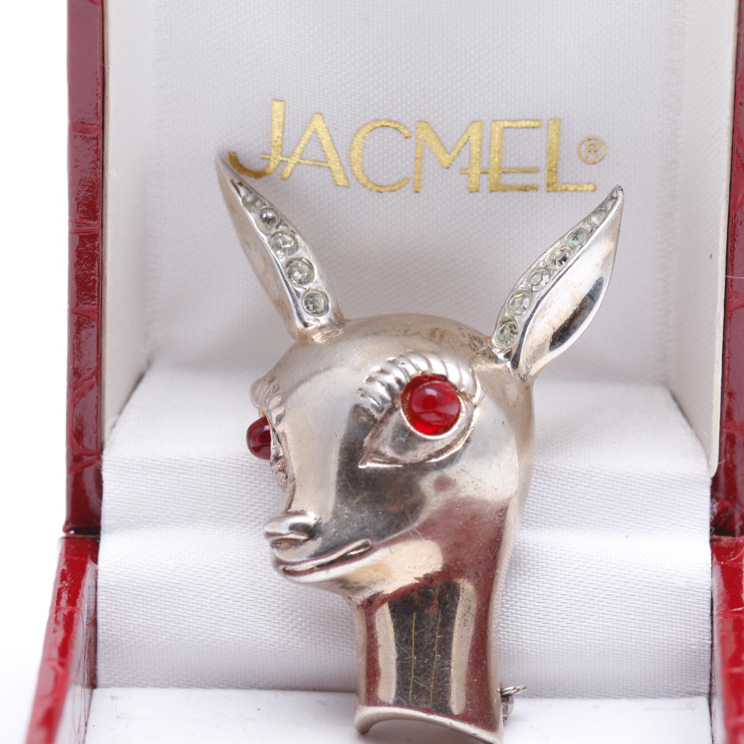 1940s Sterling and Rhinestone Deer Head Brooch by BE