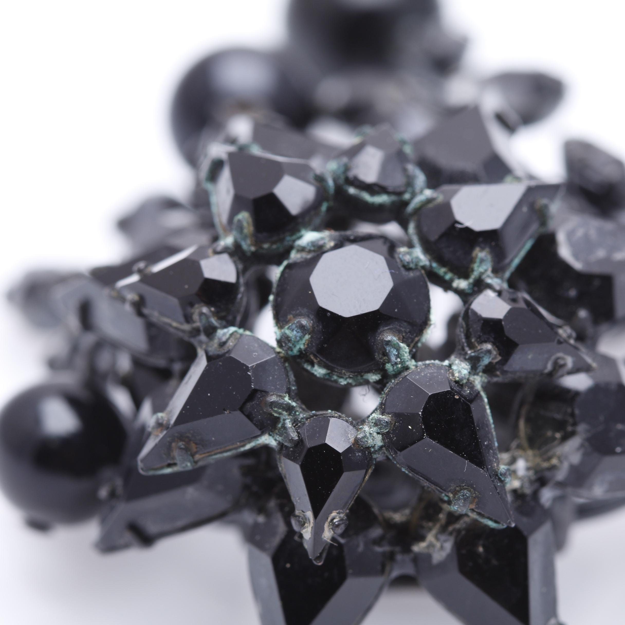 1940s Large Black Glass Floral Waterfall Clip Brooch