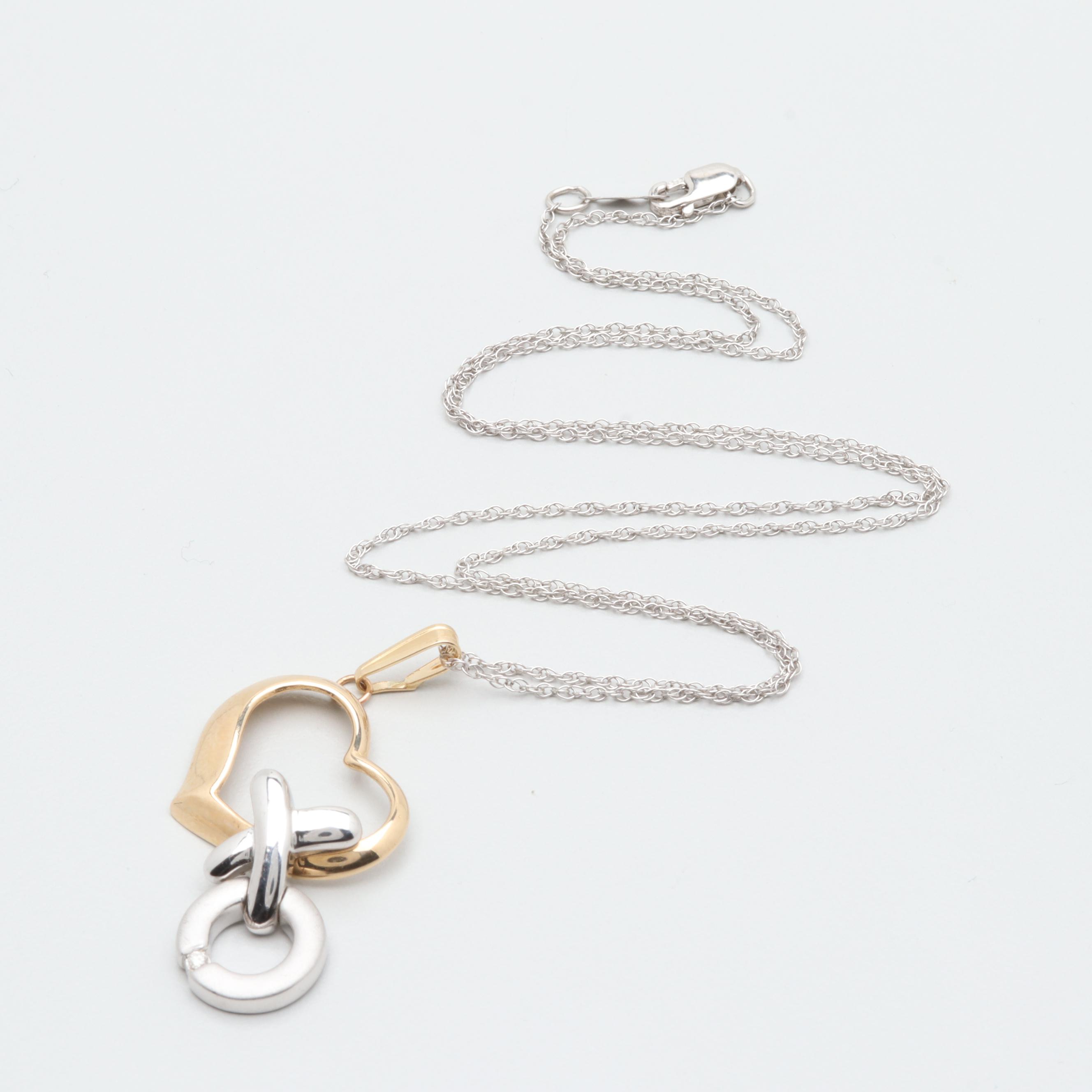 14K Yellow and White Gold Diamond Pendant Necklace with Sterling Silver Accents